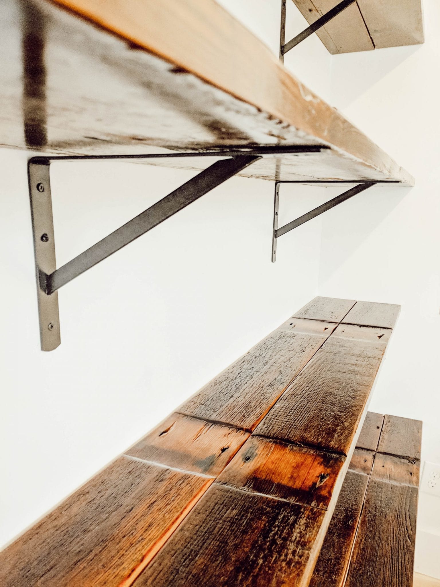 old wood flooring turned into farmhouse style pantry shelves