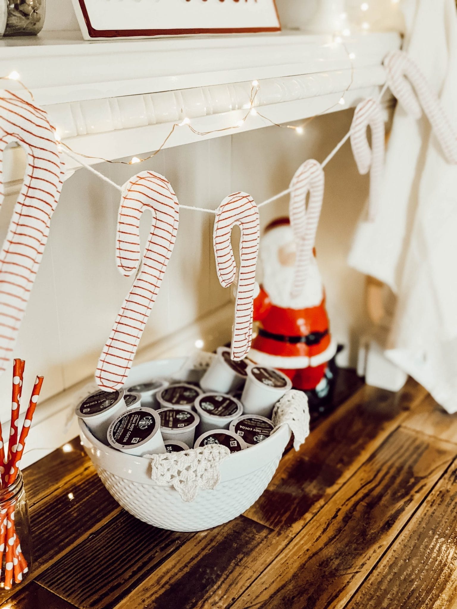 candy cane garland on hot cocoa bar