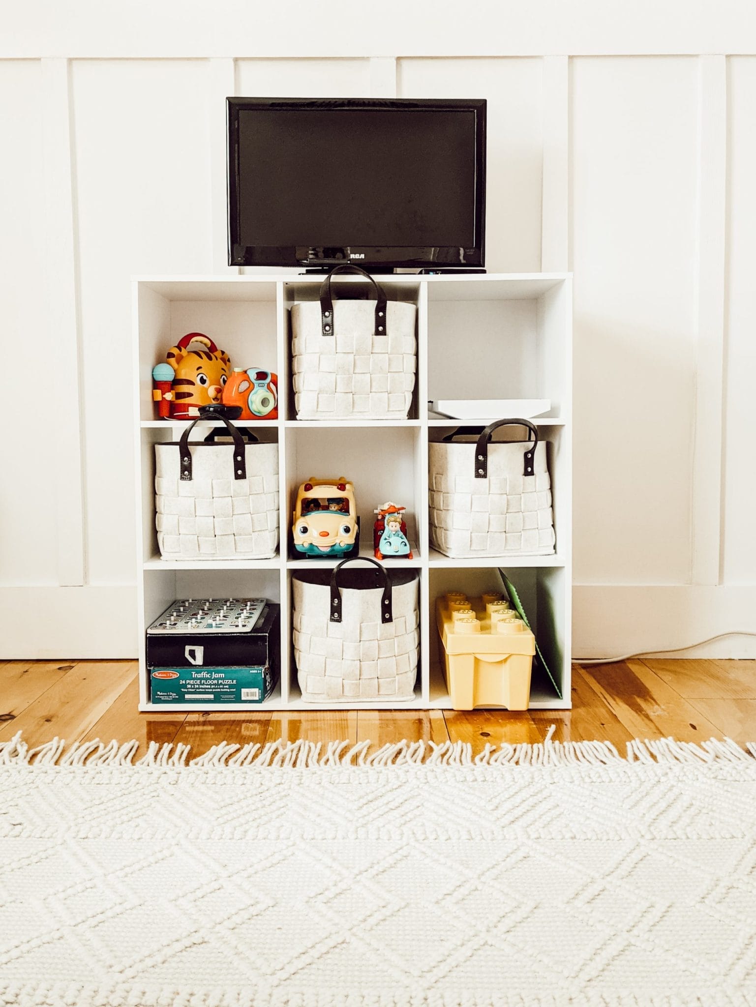 neutral farmhouse storage bins that fit into an 11 inch cube shelf