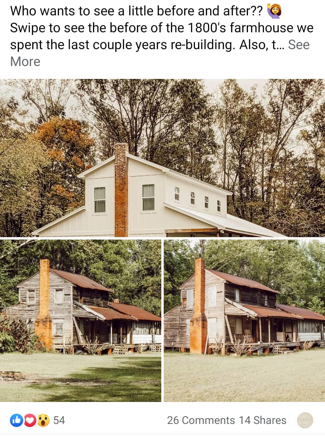 farmhouse before and after is the top facebook post of 2020 for White and Woodgrain
