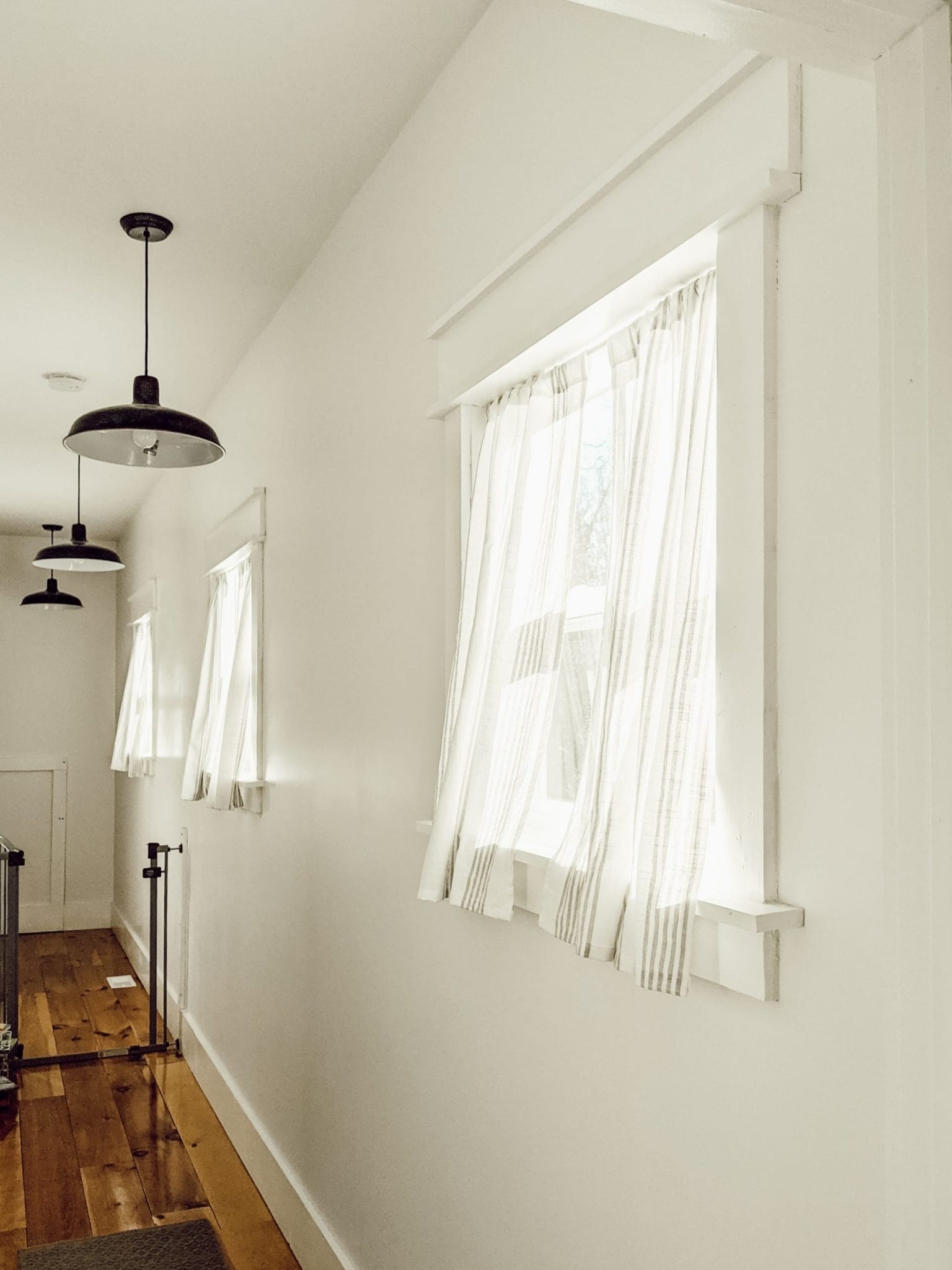 white and gray striped DIY farmhouse style curtains for small windows