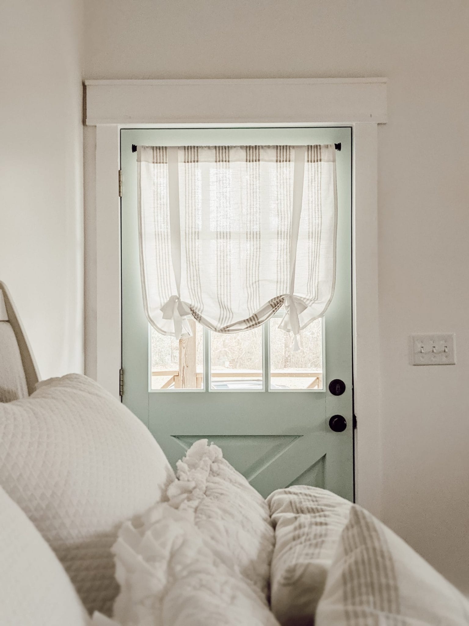 neutral striped DIY tie-up curtains