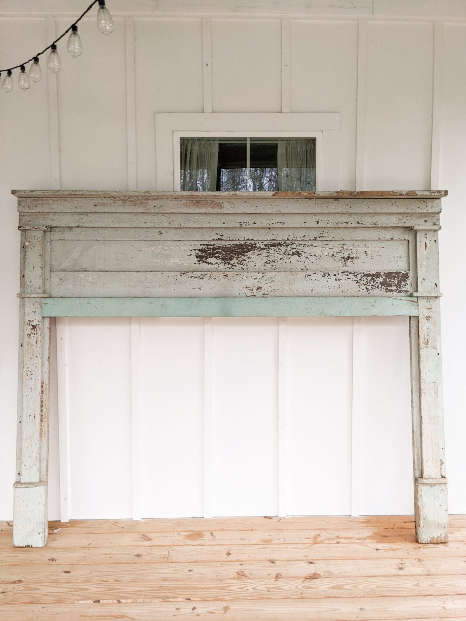 DIY farmhouse fireplace and chippy antique mantel