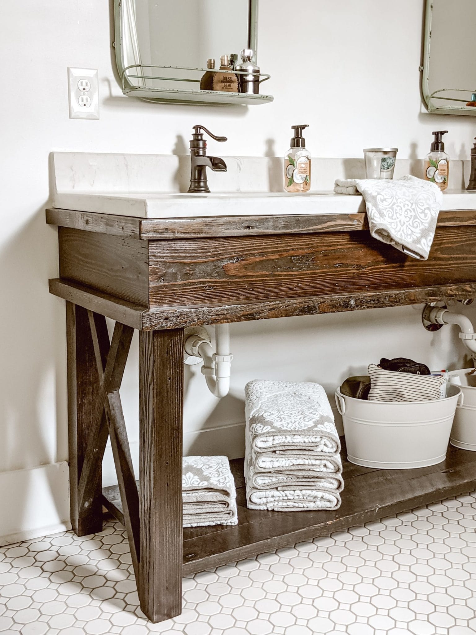 Custom farmhouse vanity built using reclaimed wood