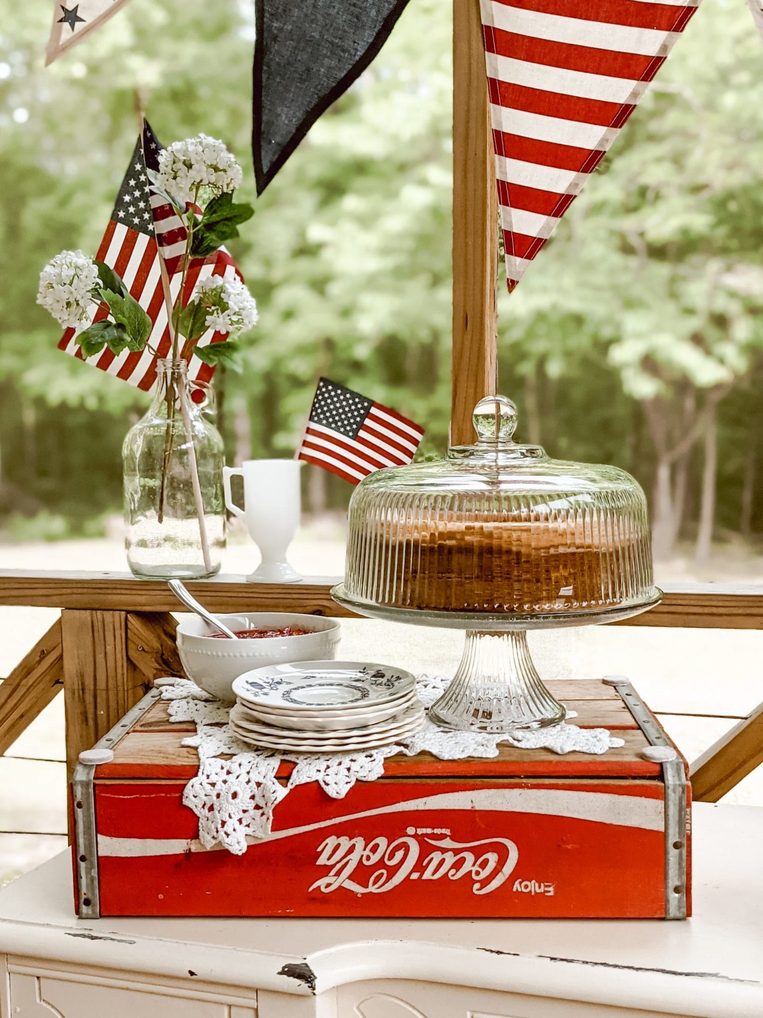 vintage coca cola crate in 4th of July decor for food tables