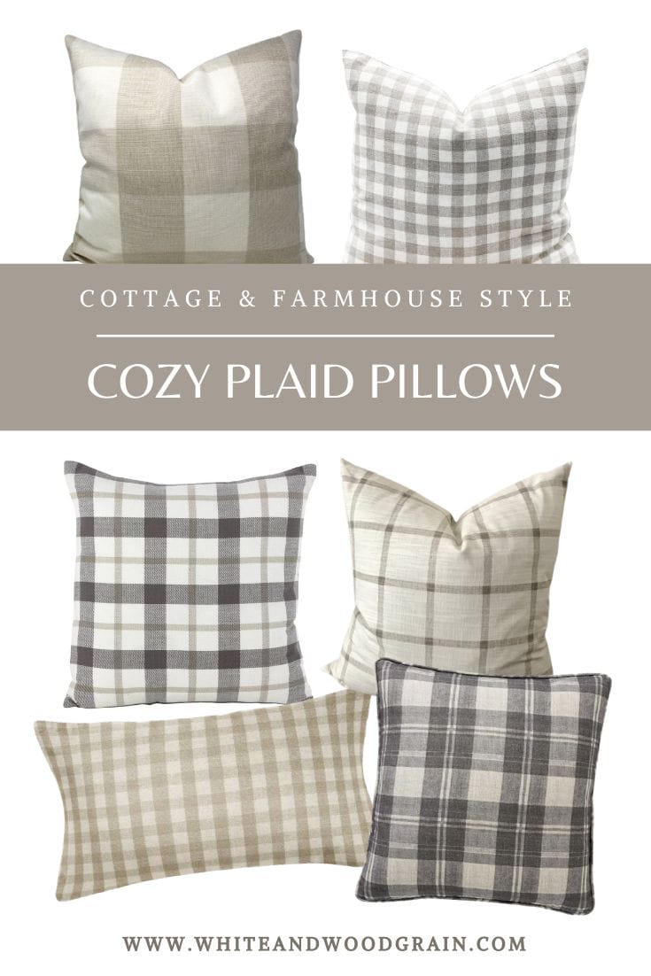 cottage and farmhouse style cozy neutral plaid pillows