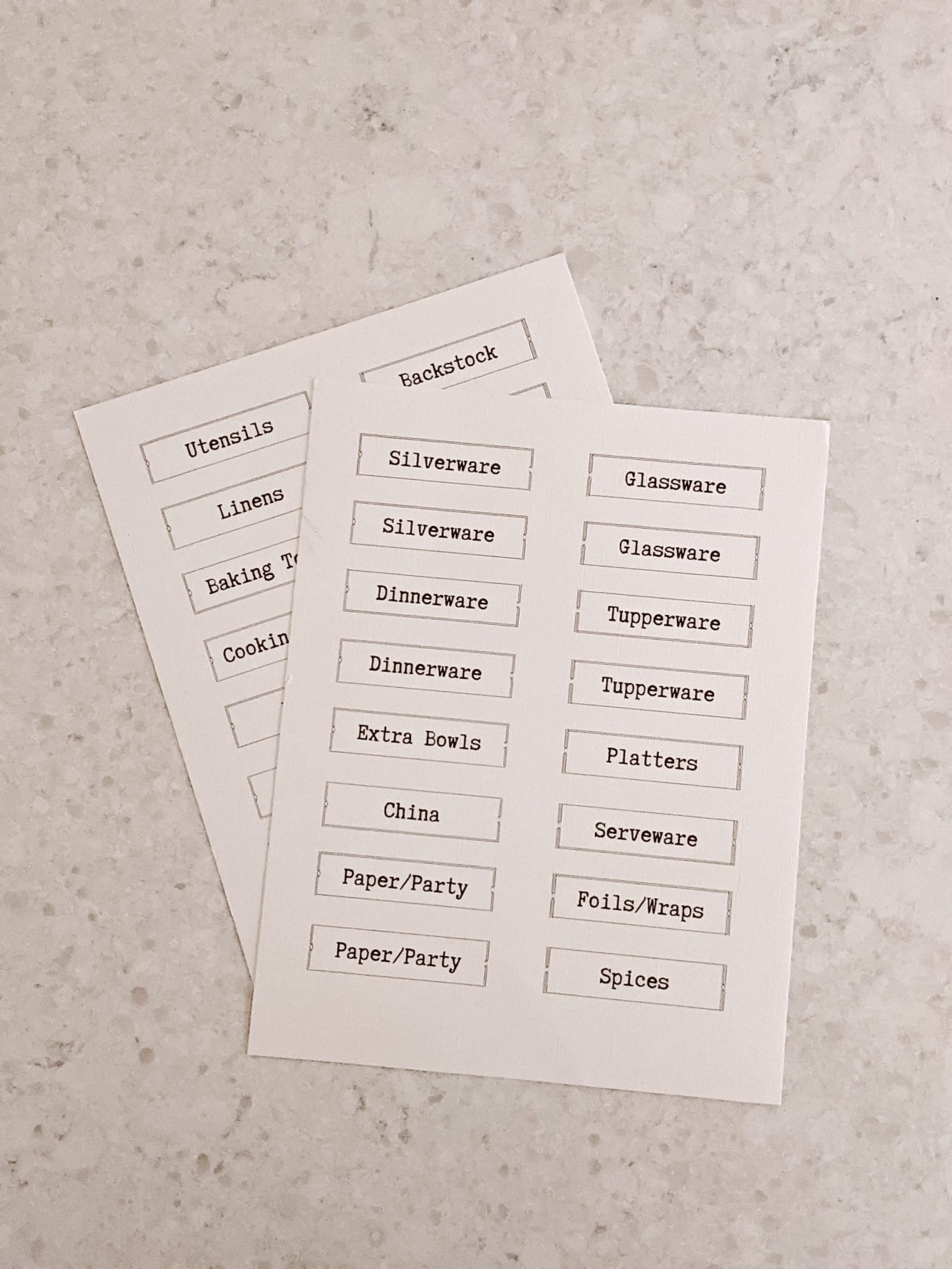 cardstock with DIY labels for kitchen drawers