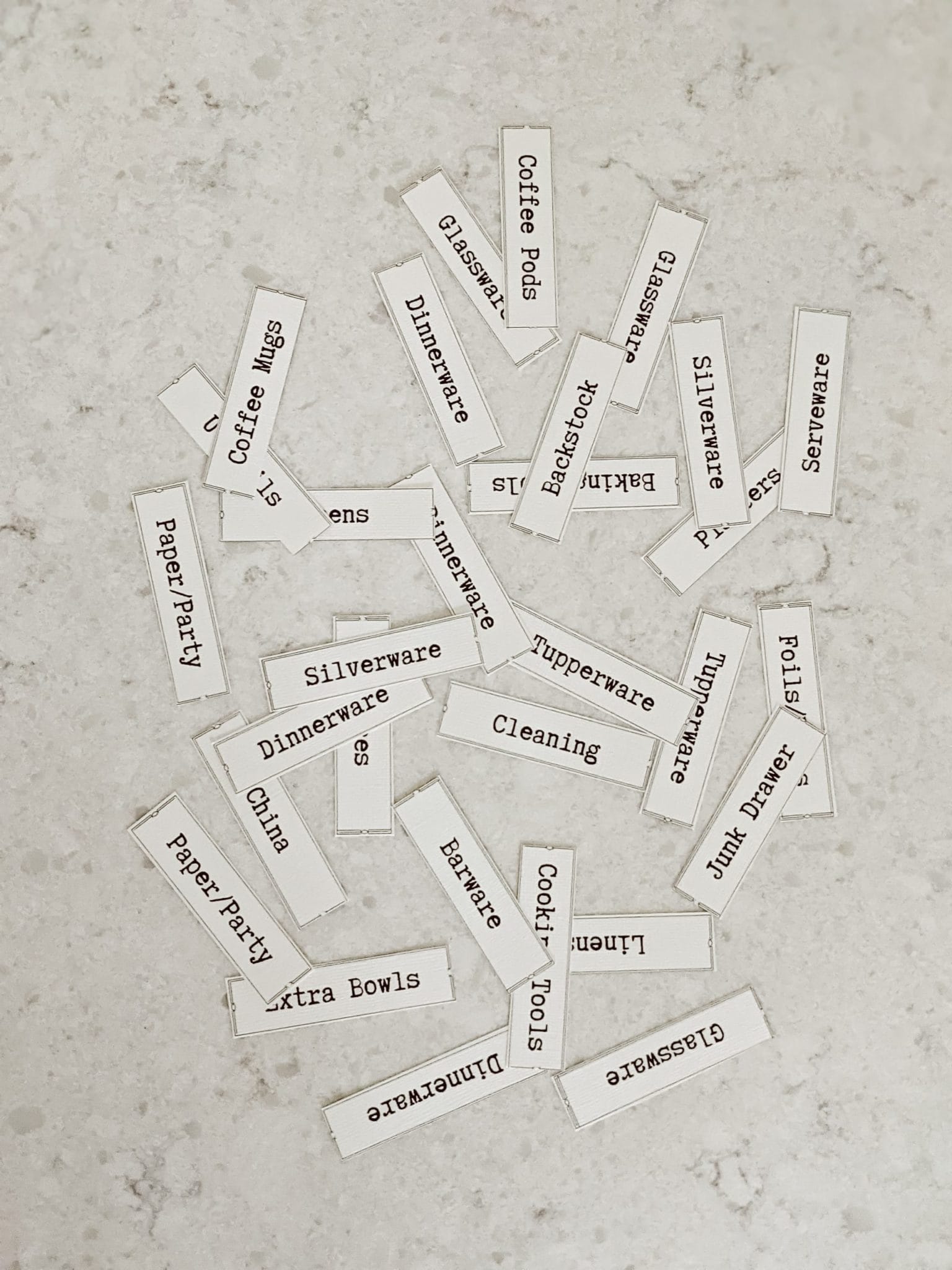 pile of labels for kitchen drawers