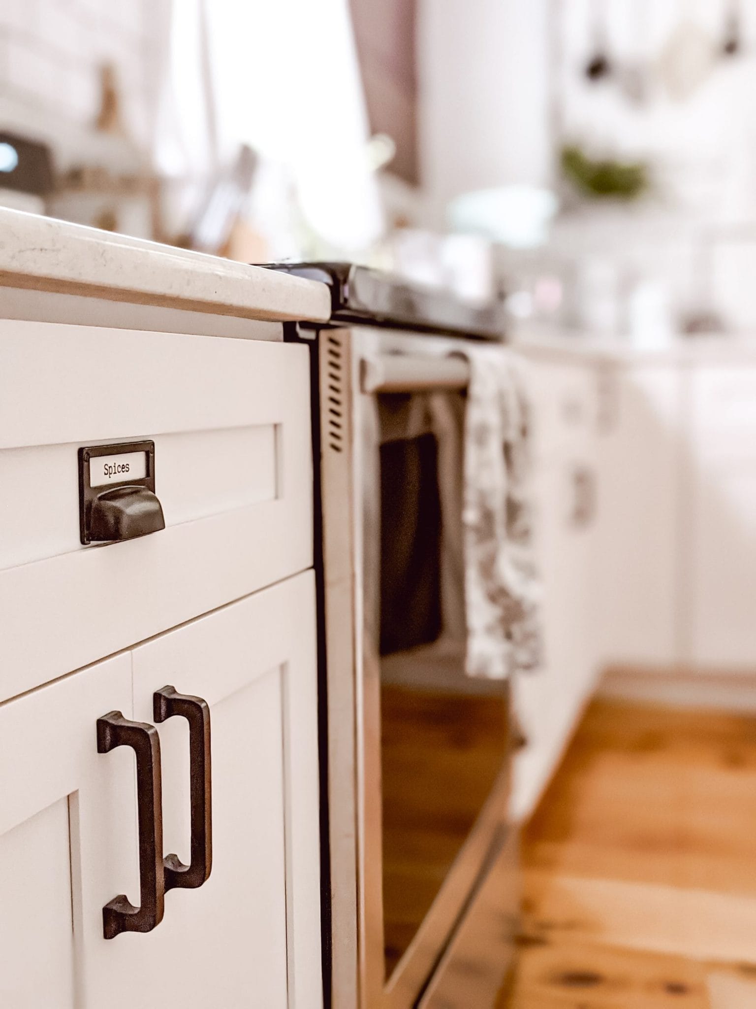 Apothecary Style Drawer Pulls on white shaker cabinets