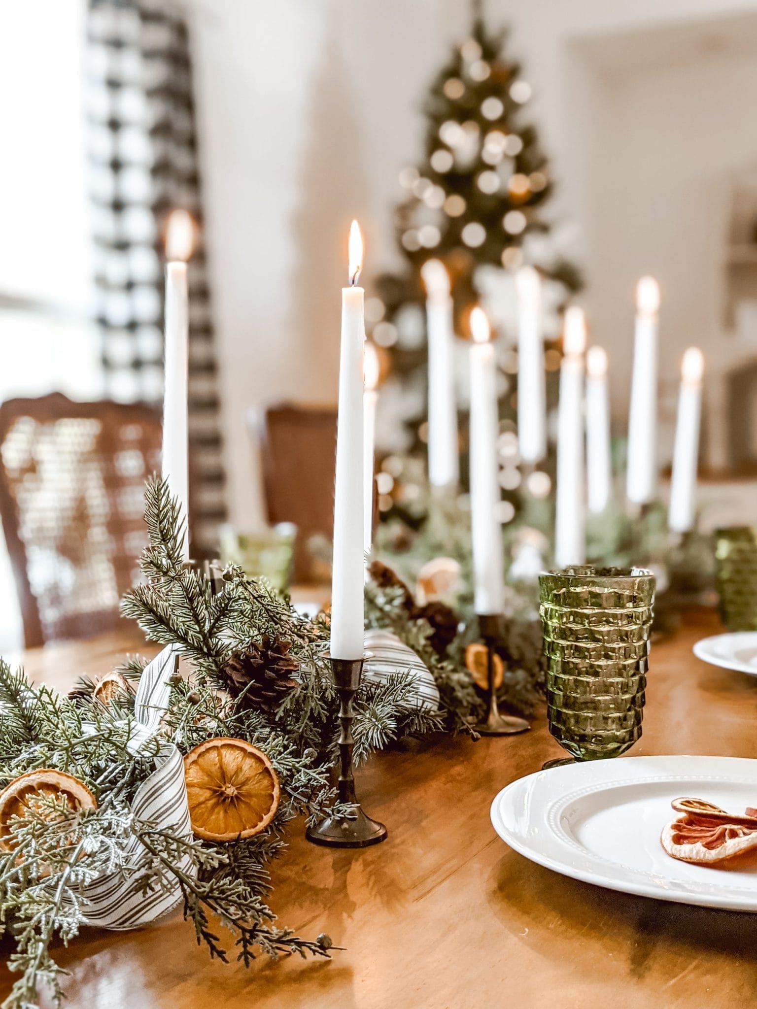 Christmas centerpiece with greenery and dried orange slices