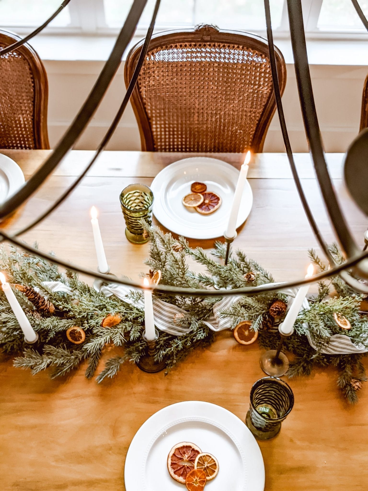 looking through chandelier at tablescape