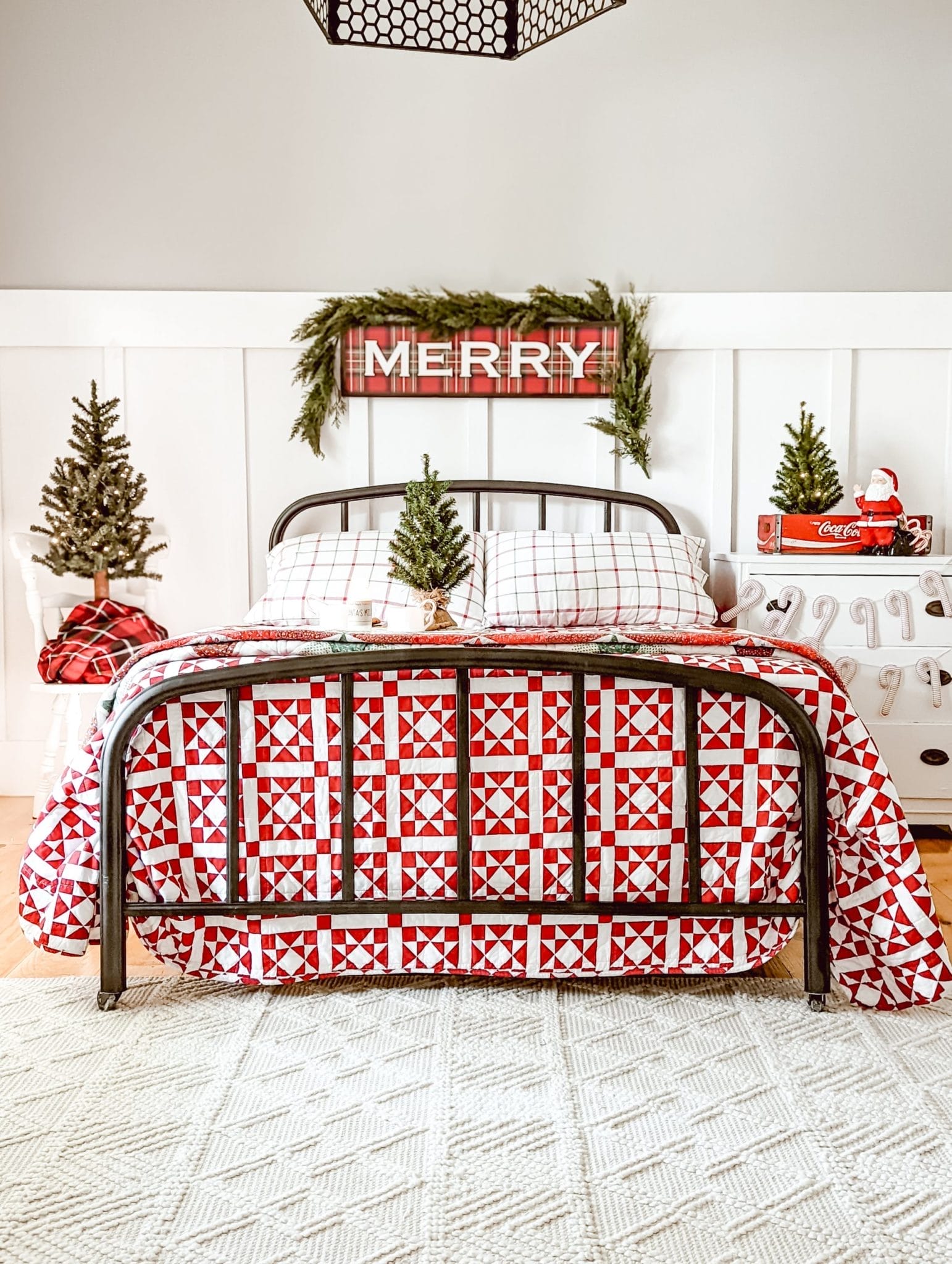 classic red farmhouse Christmas bedroom