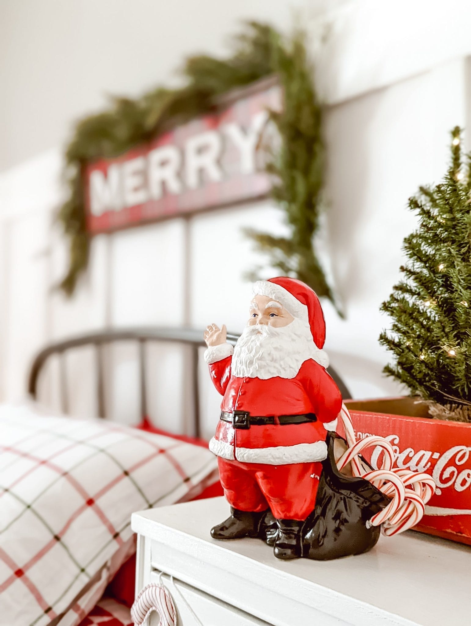 vintage Santa figurine in farmhouse Christmas bedroom