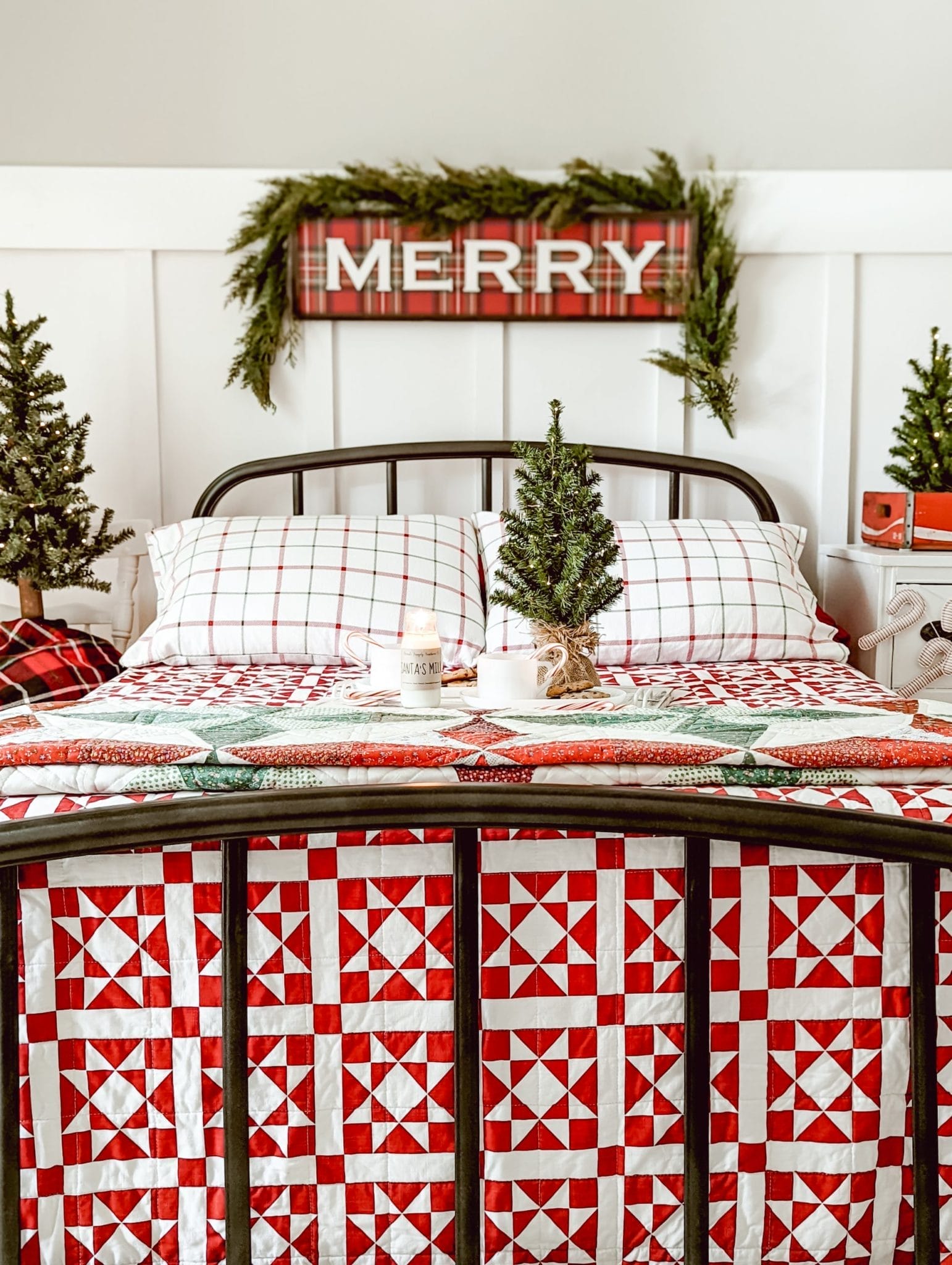 red Christmas bedding in farmhouse guest bedroom