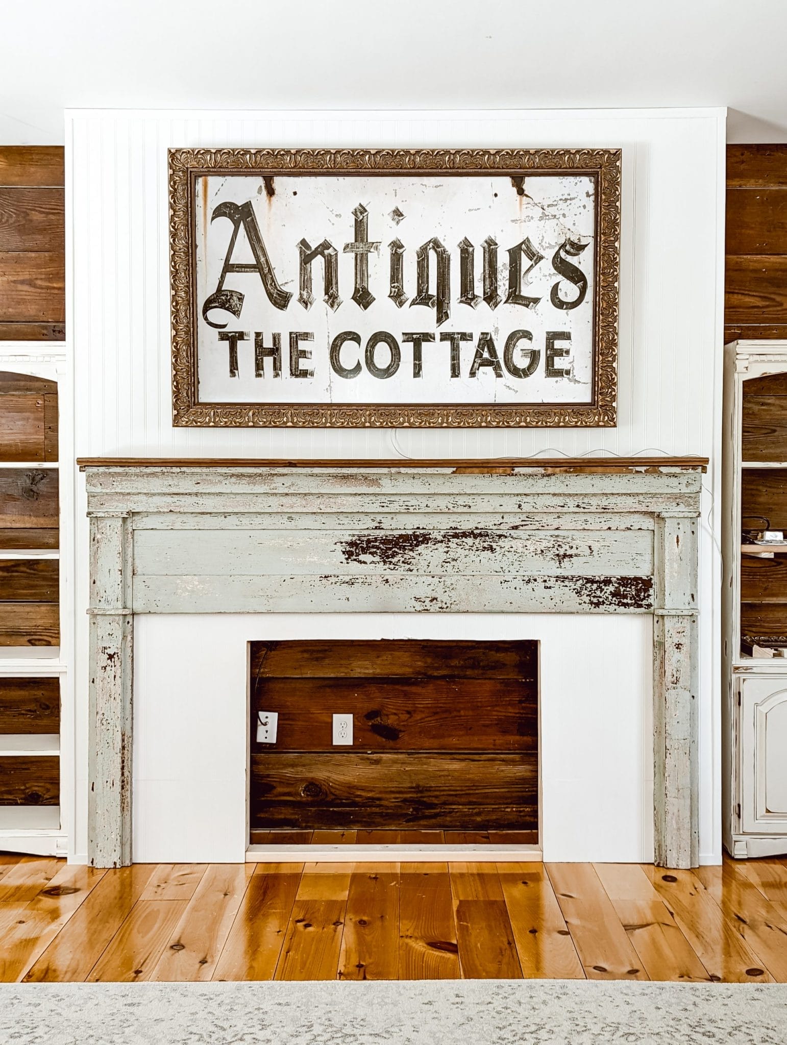 1800's chippy paint mantel and Samsung frame tv