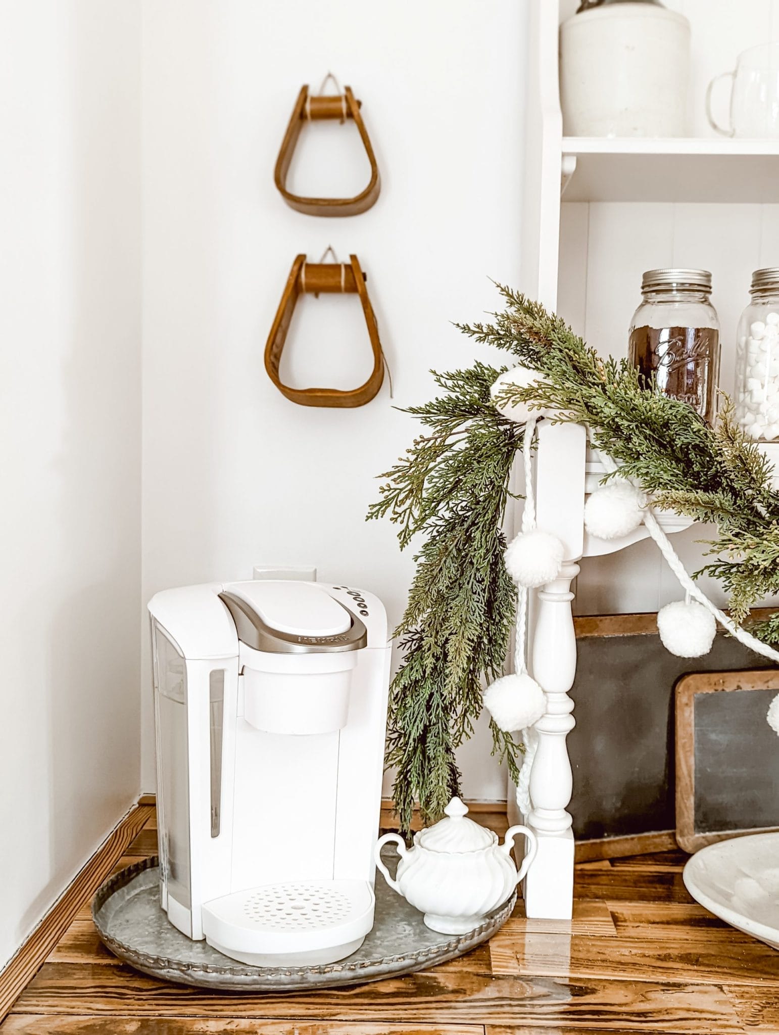 white keurig and farmhouse coffee bar decor