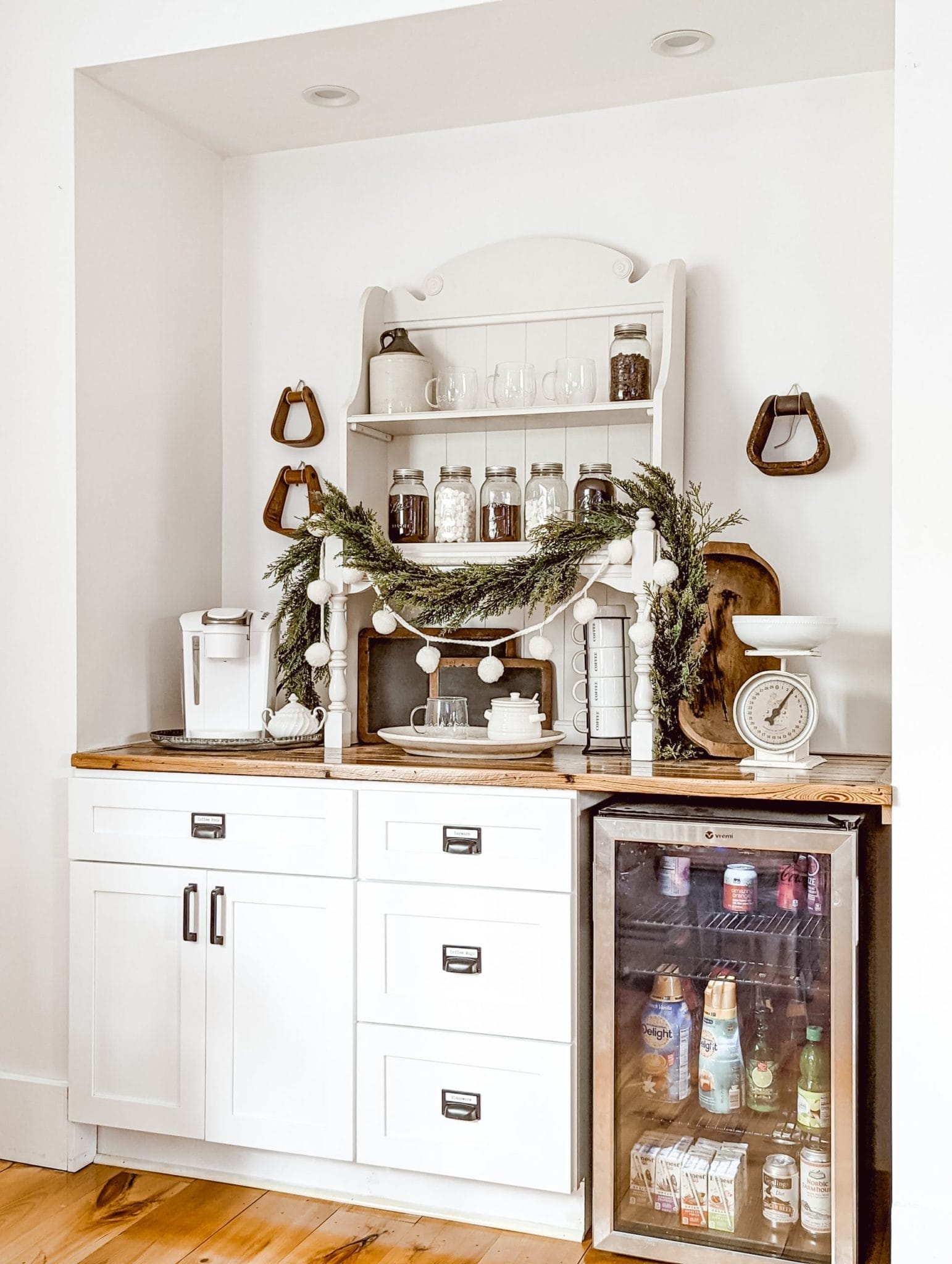 white and wood farmhouse winter cocoa and coffee bar