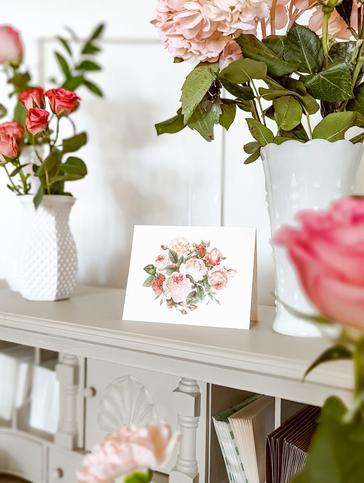 vintage style pink roses on greeting card