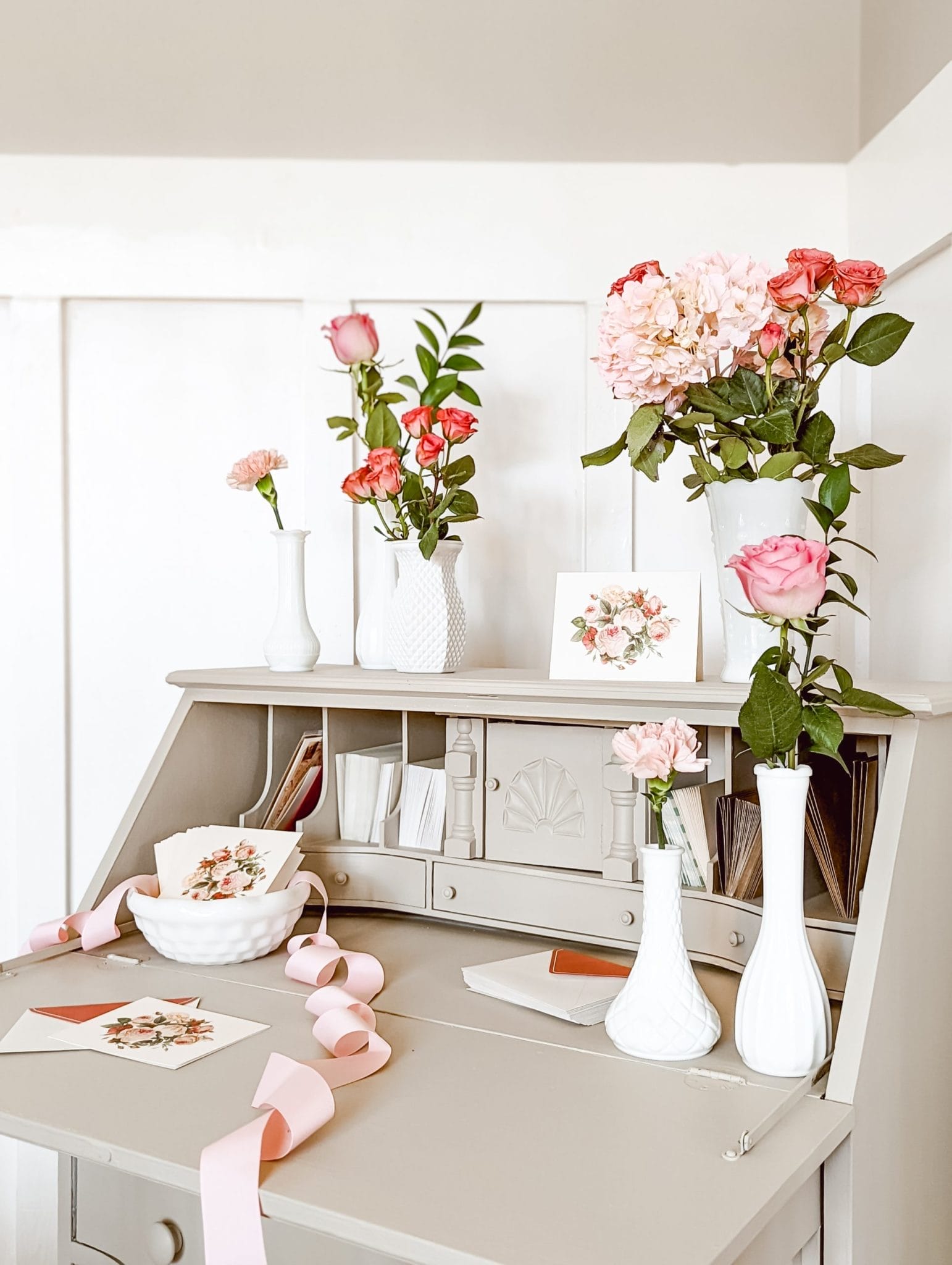 valentine's day decor and card writing station using an old secretary desk
