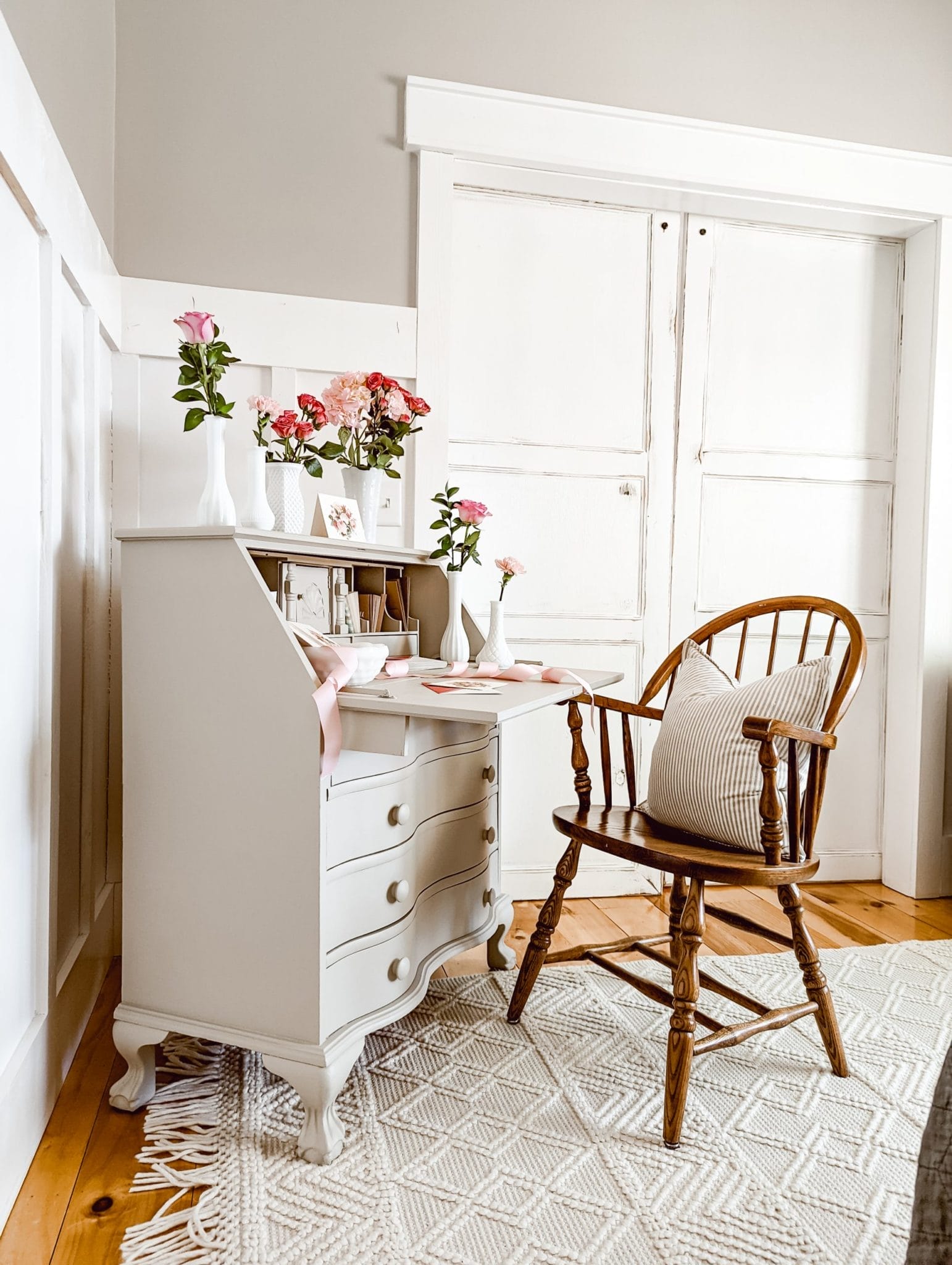 refinished old secretary desk with fusion mineral putty and wooden sitting chair