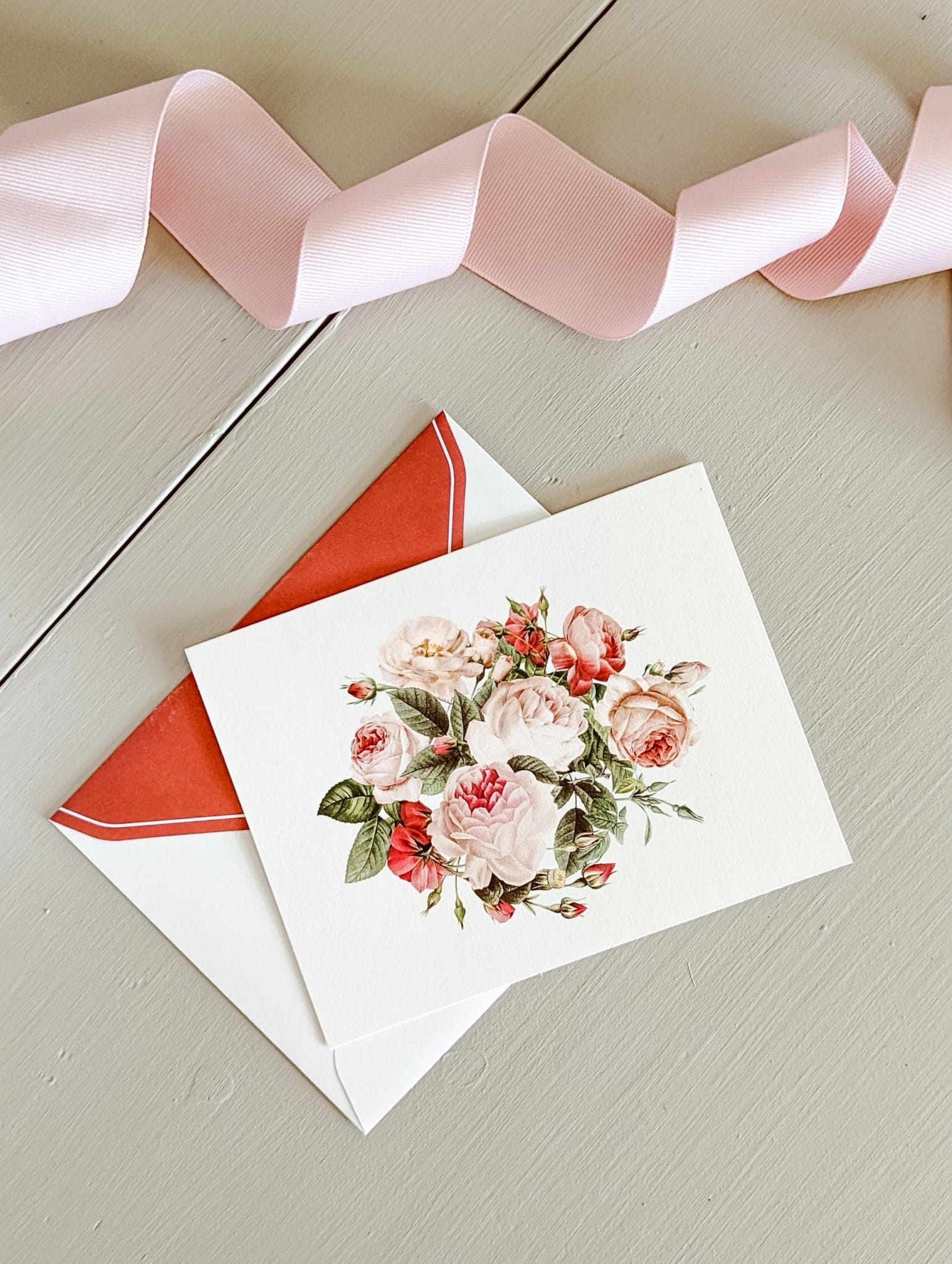 vintage style pink roses on greeting card