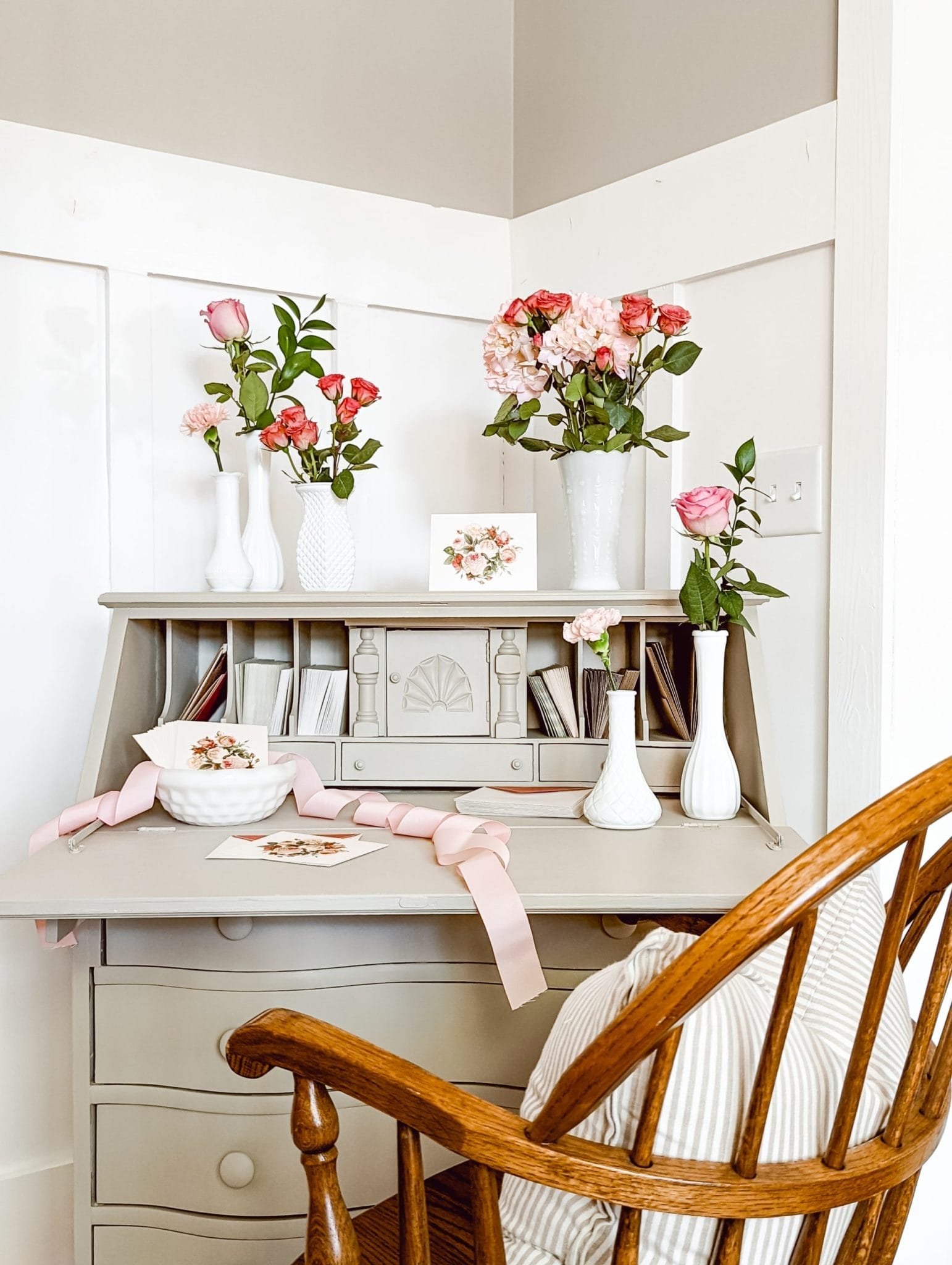 Valentine's decor on a painted secretary desk