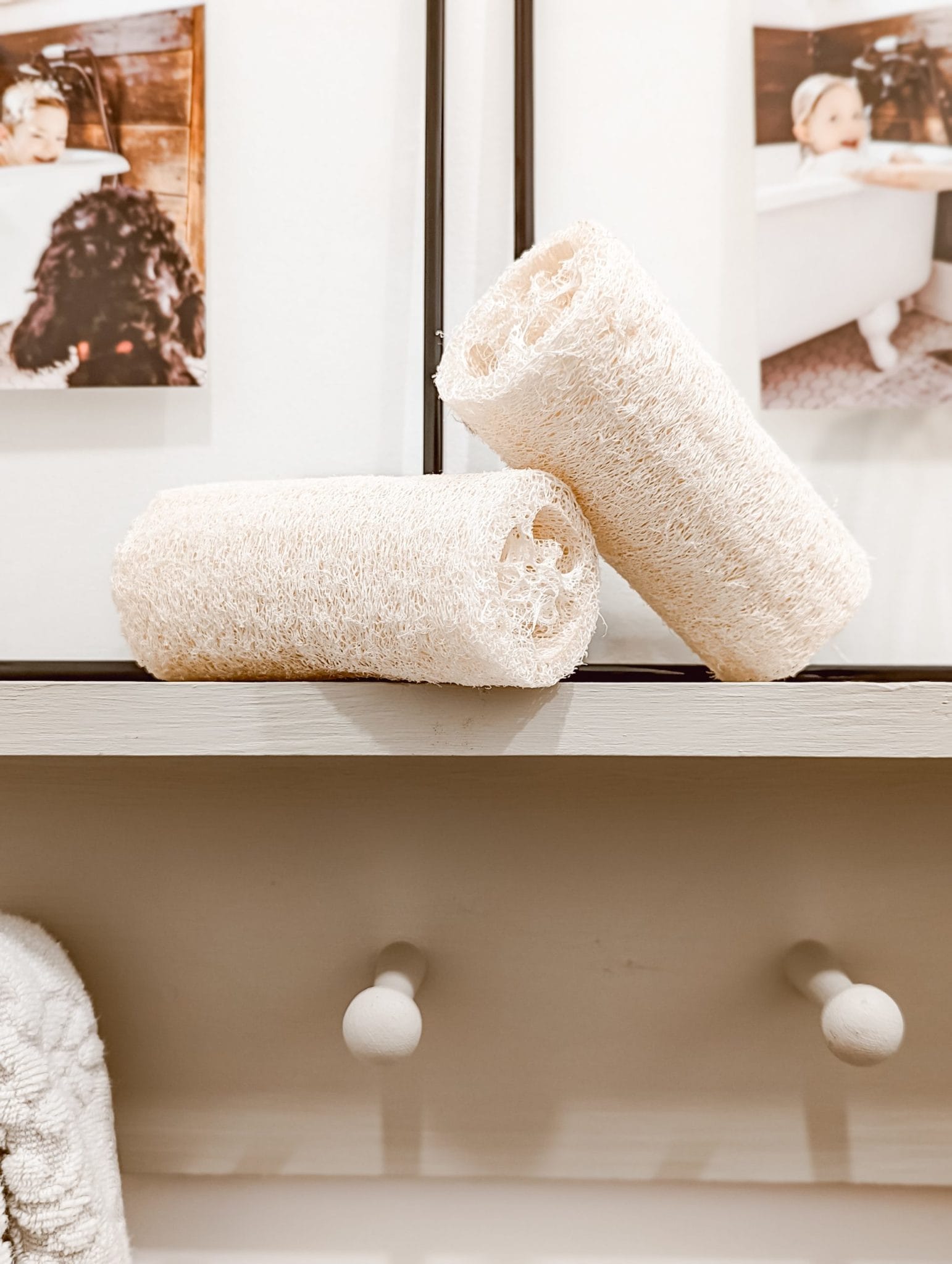 natural loofa sponges on peg rail shelf