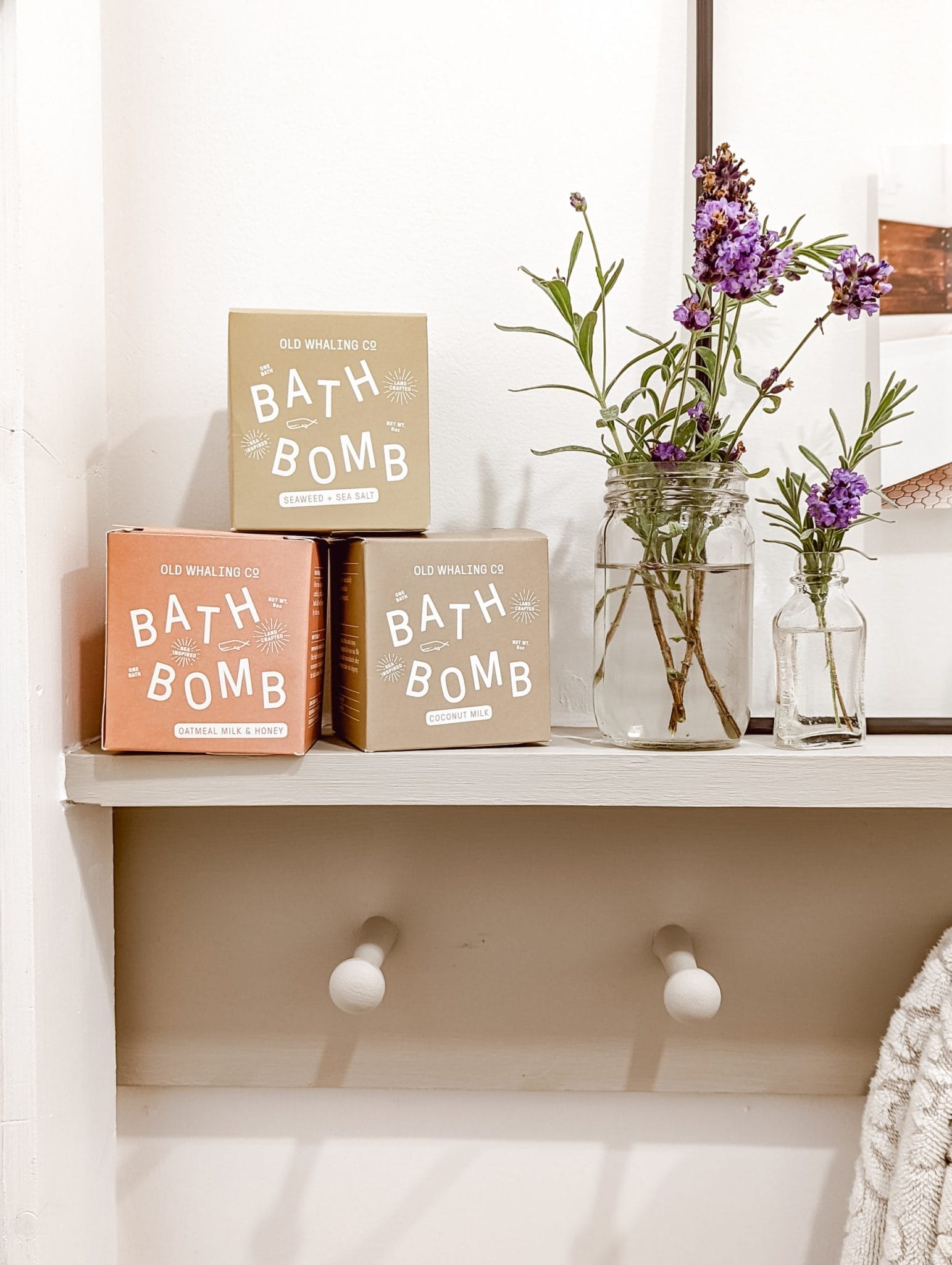old whaling co bath bombs on peg rail shelf