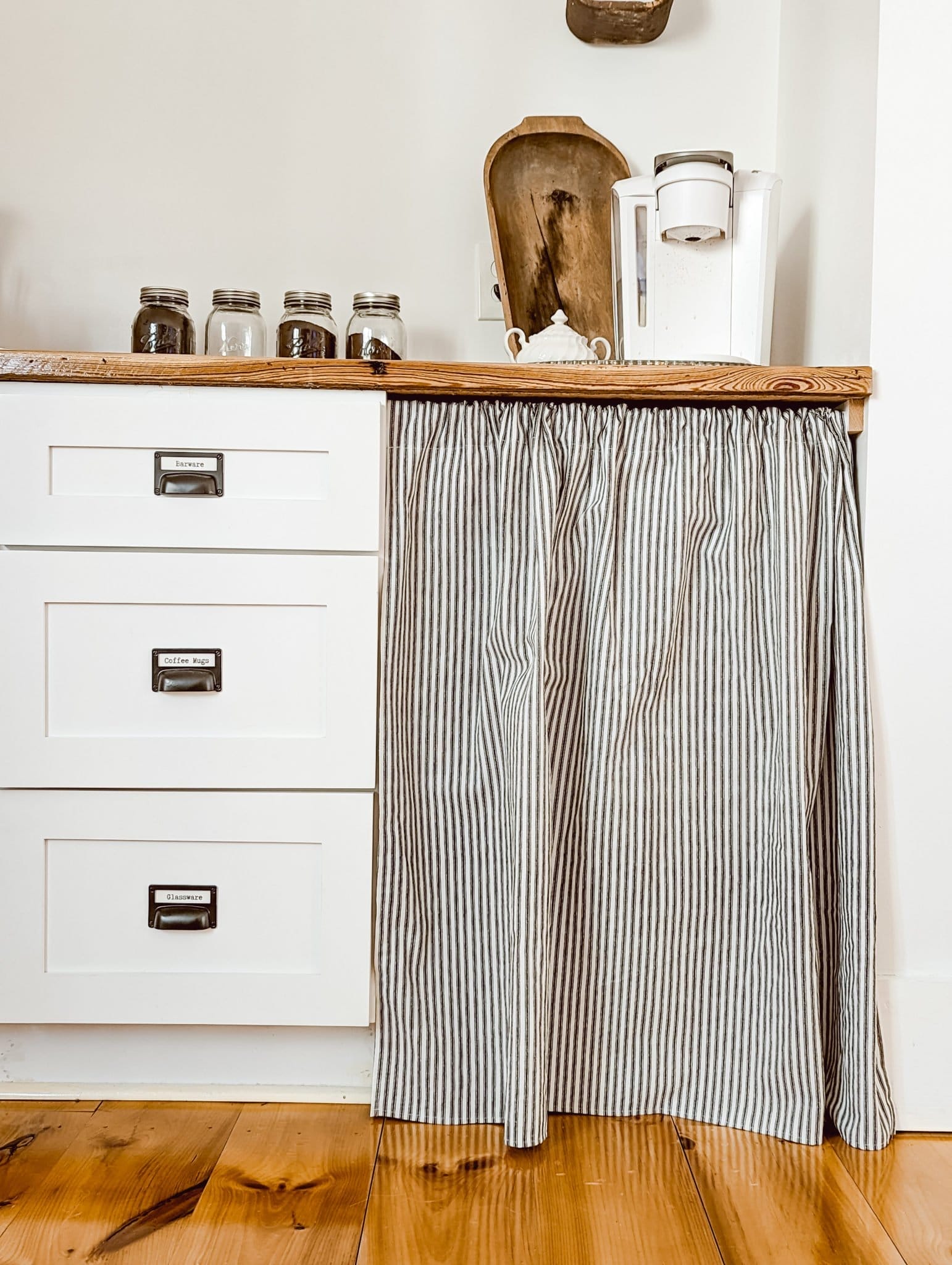 diy ticking stripe kitchen cabinet curtain