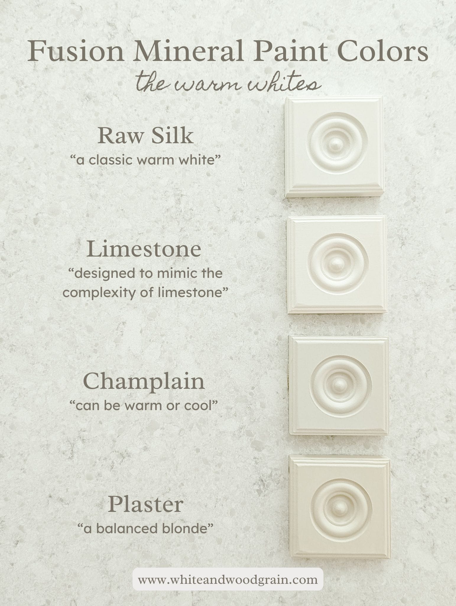 side by side comparison of all the warm white paint colors from Fusion Mineral Paint: raw silk, limestone, champlain, and plaster