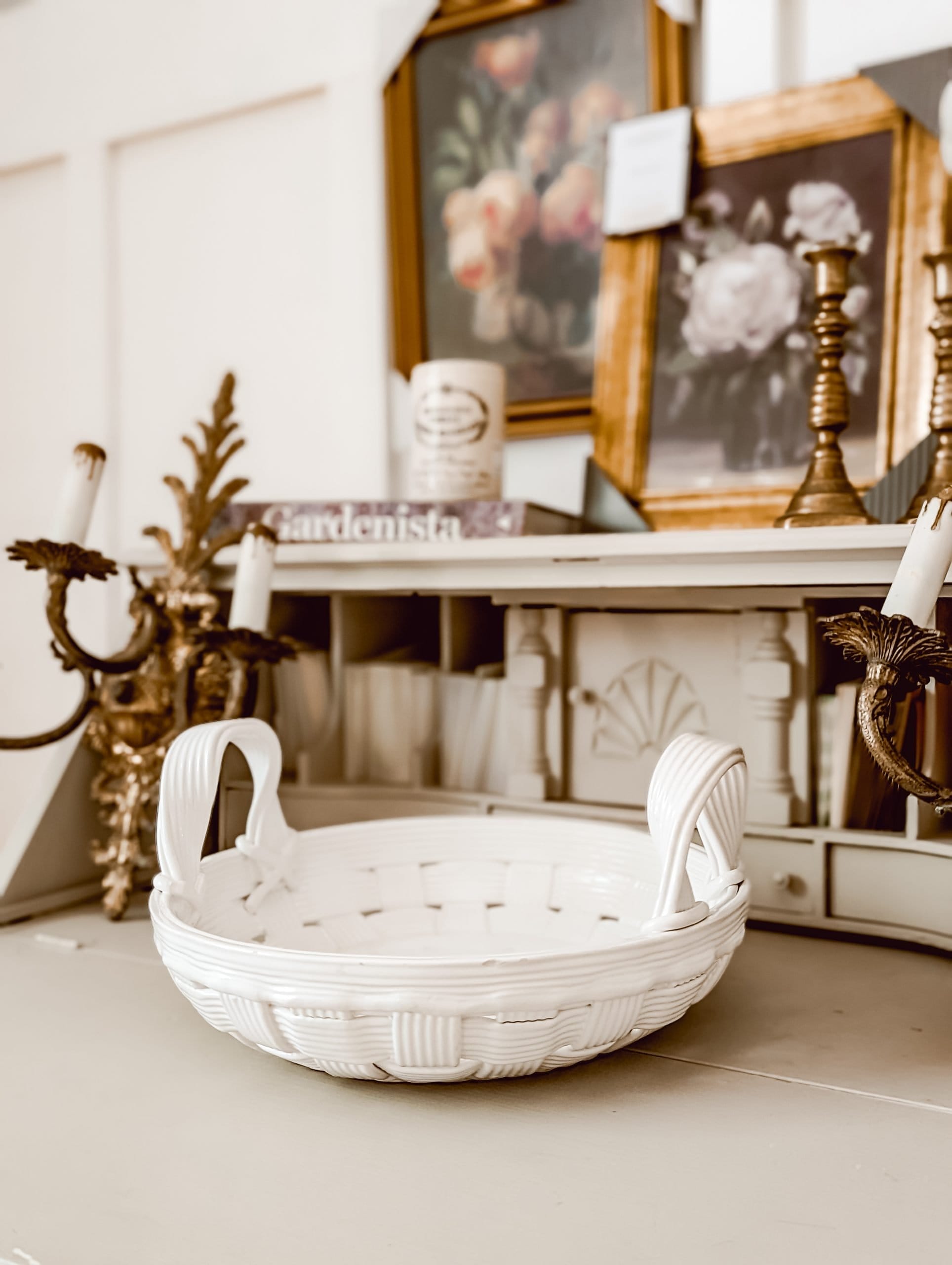 thrifted white porcelain basket shaped pottery with two handles