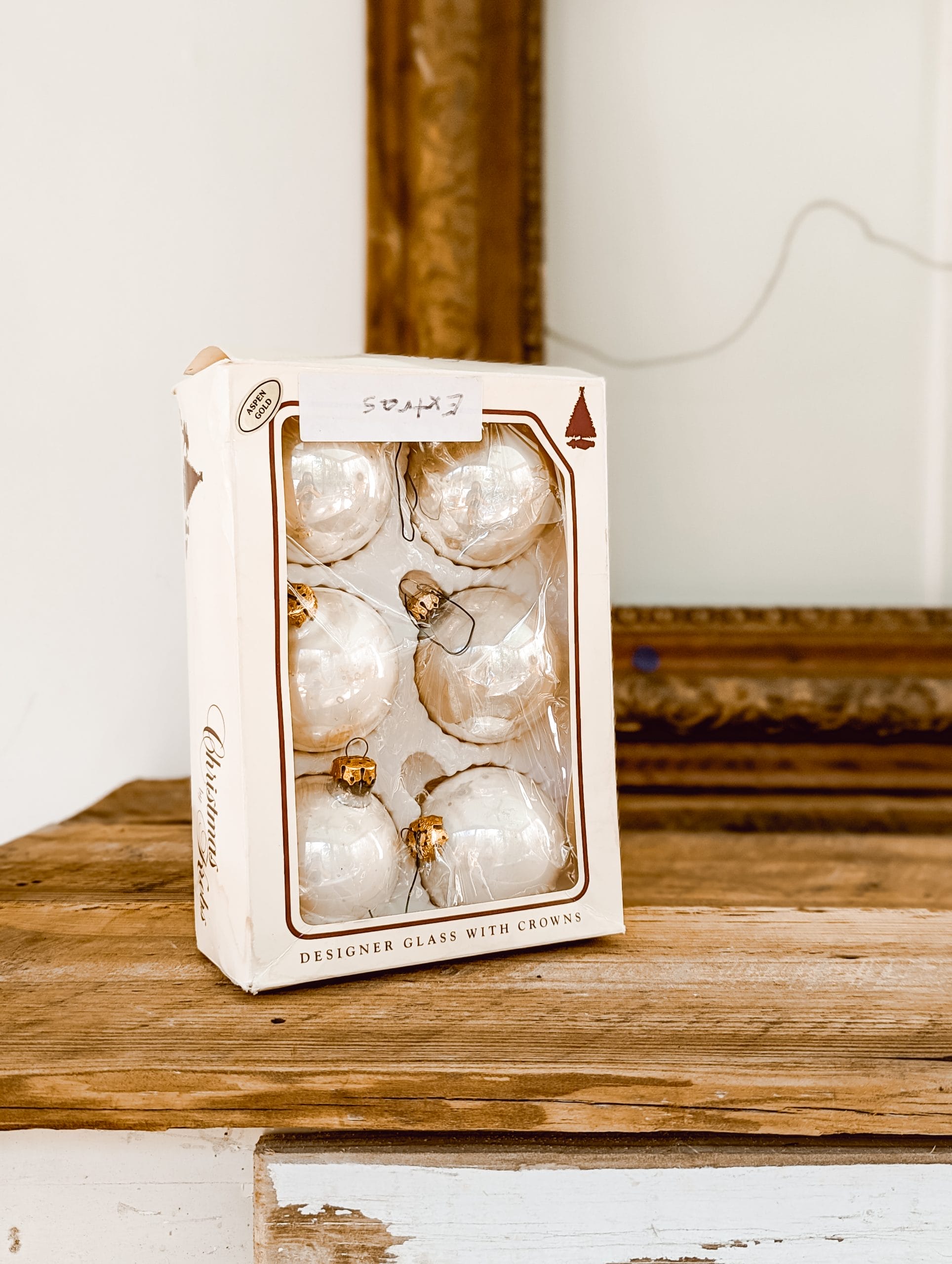 Christmas by Krebs set of 6 vintage white ornaments in the original box that says designer glass with crowns