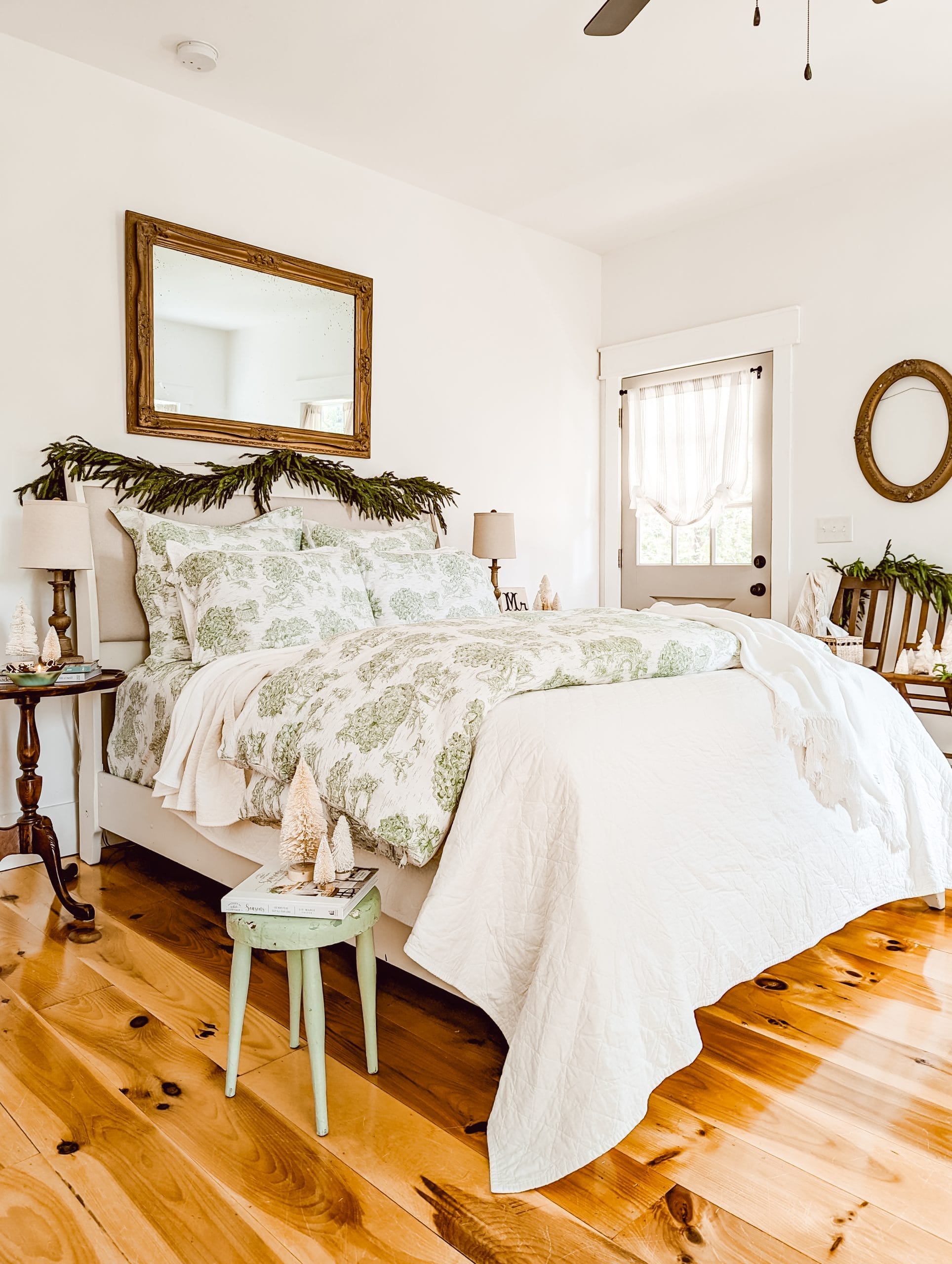 green toile bedding from Red Land Cotton styled in a french country farmhouse bedroom for Christmas