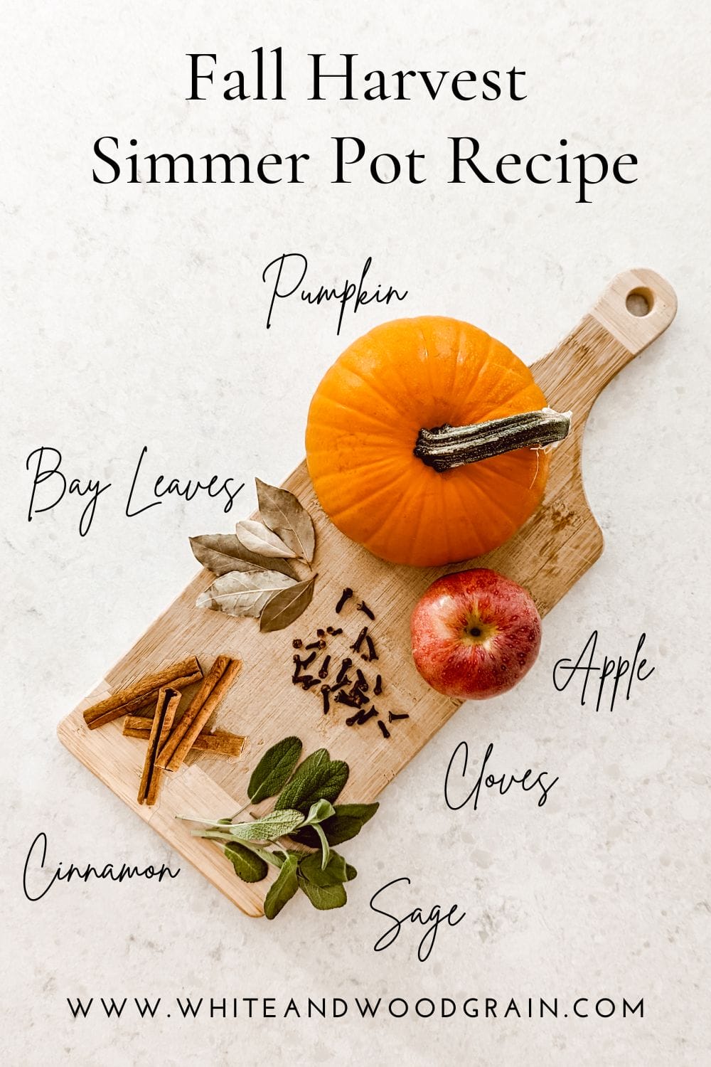 fall simmer pot recipe that will make your home smell like Thanksgiving by simmering fresh pumpkin, apple, bay leaves, sage, cloves, and cinnamon