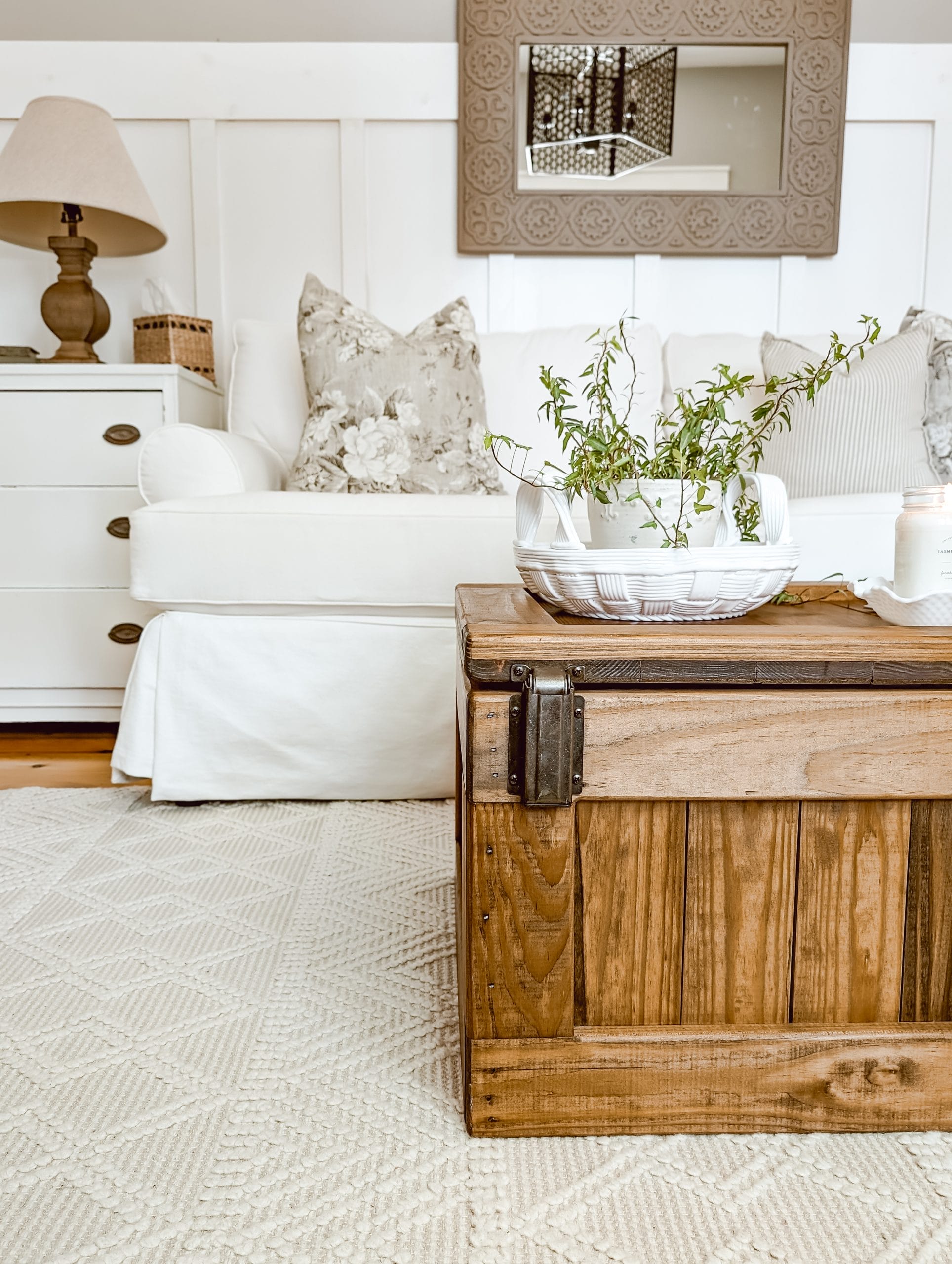 vintage "this end up" pine cargo toy chest styled as a cottage coffee table with extra linen storage for guests