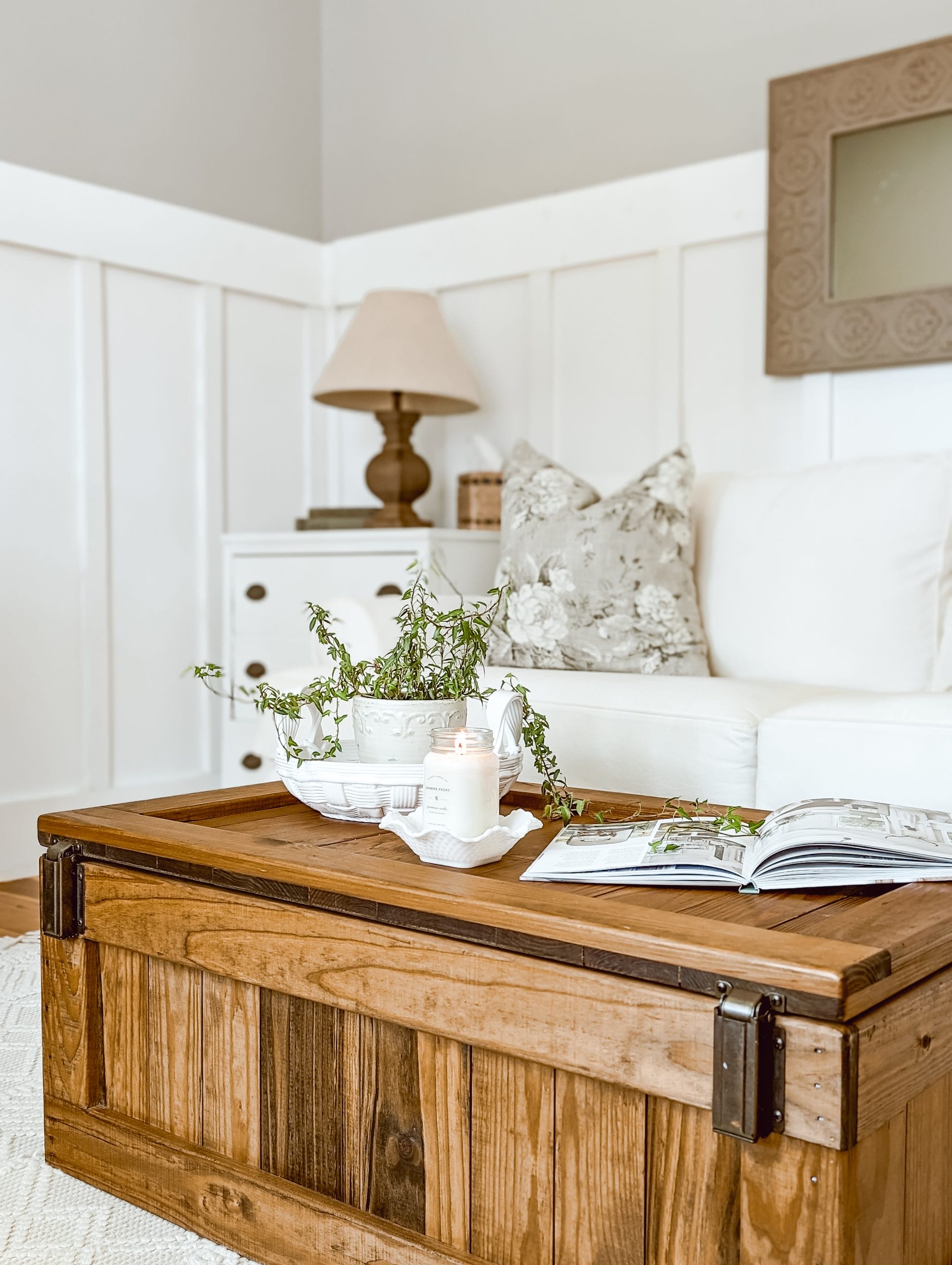 vintage "this end up" pine cargo toy chest styled as a cottage coffee table with extra linen storage for guests