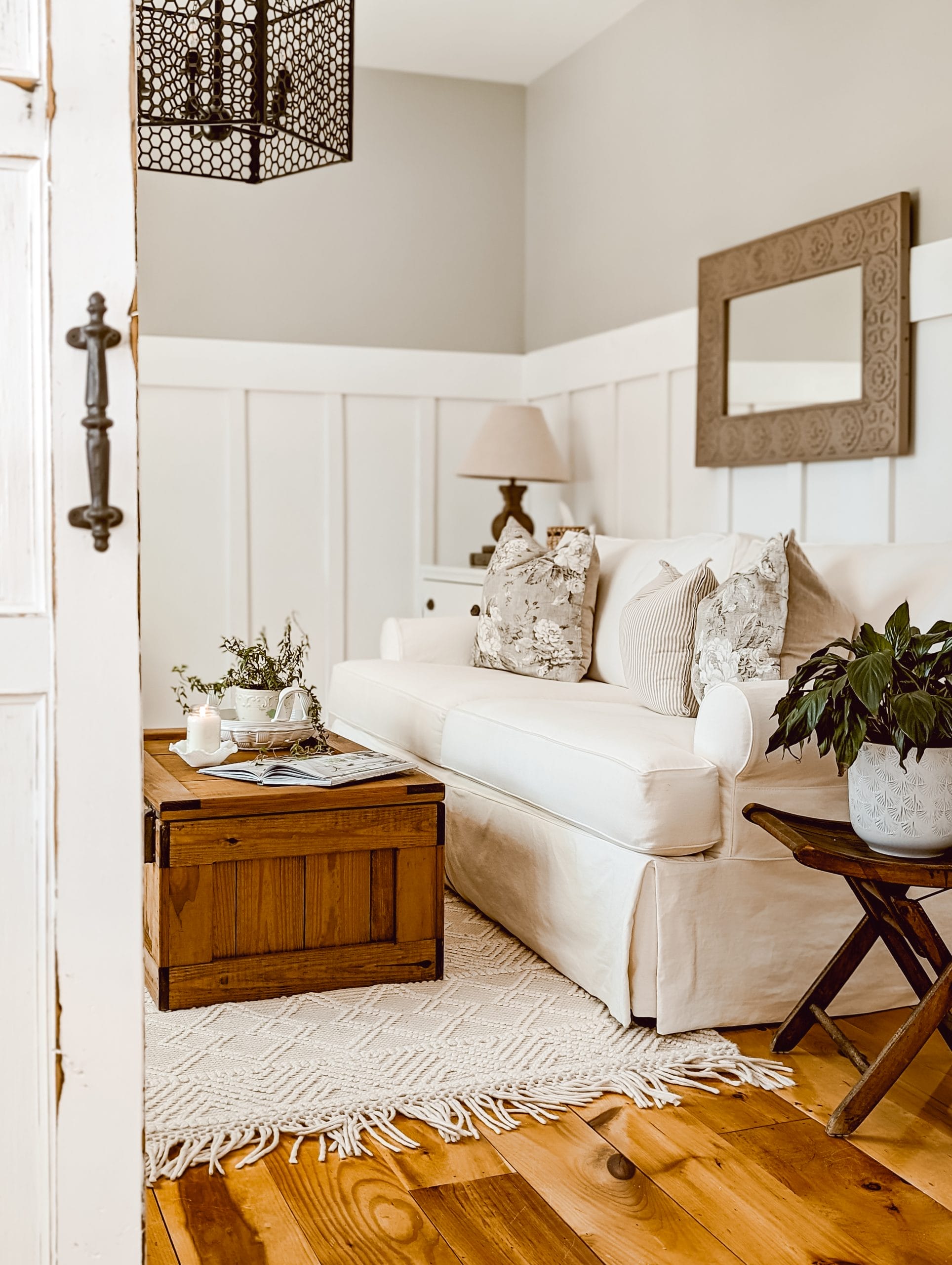 vintage "this end up" pine cargo toy chest styled as a cottage coffee table with extra linen storage for guests