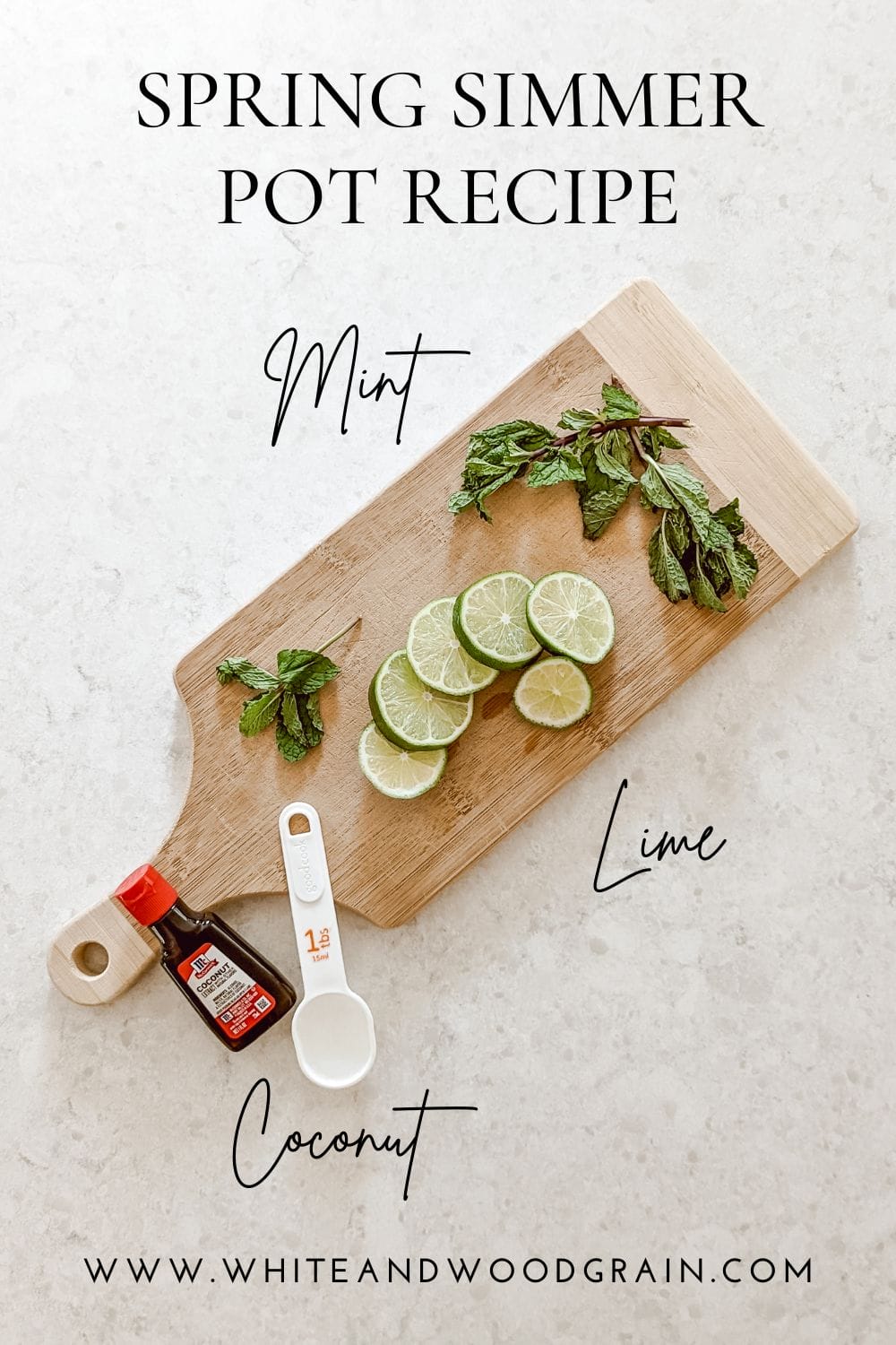 fresh smelling spring simmering pot recipe with sliced limes, sprigs of mint, and coconut extract