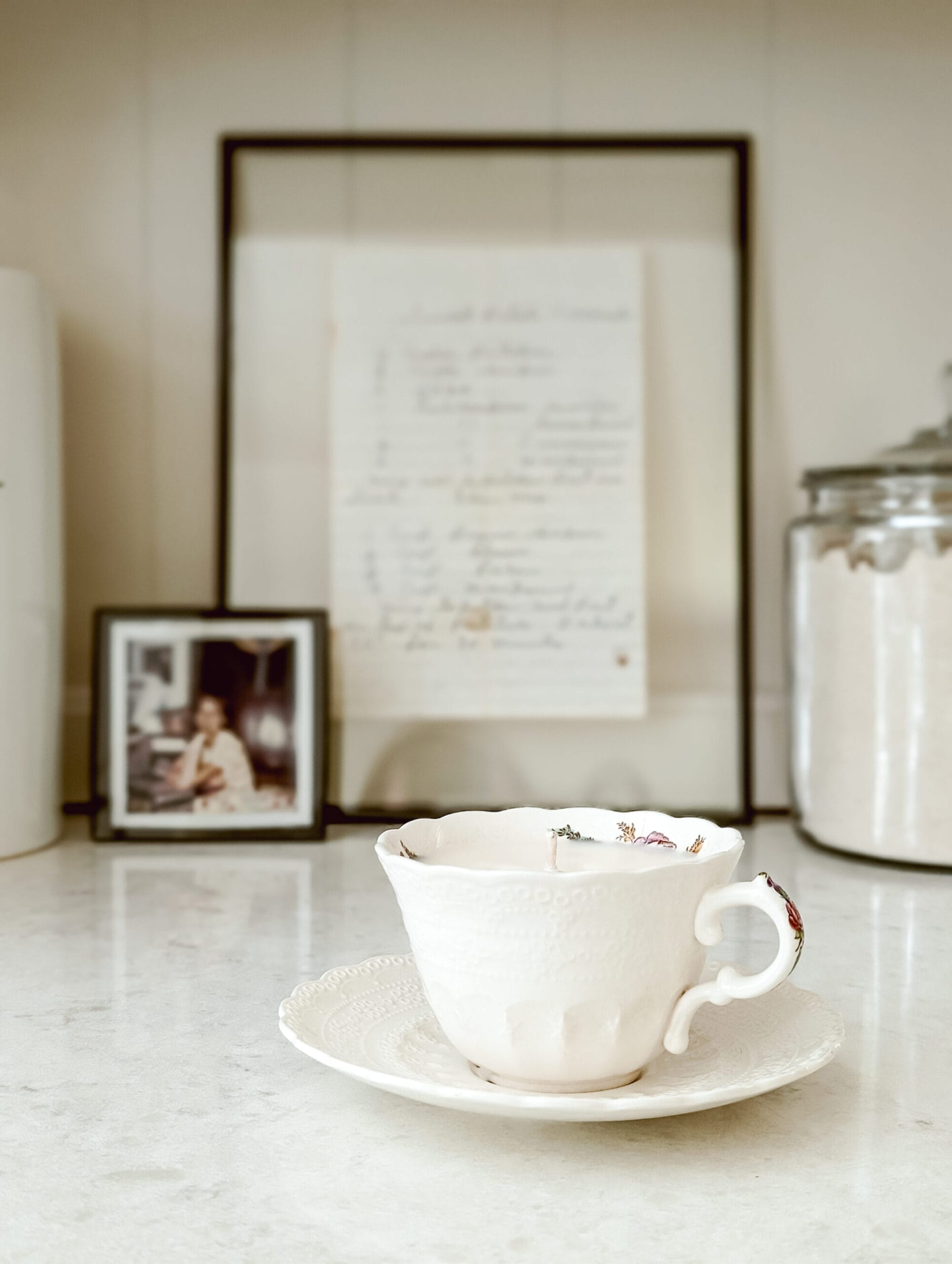 DIY vintage white and floral teacup candle