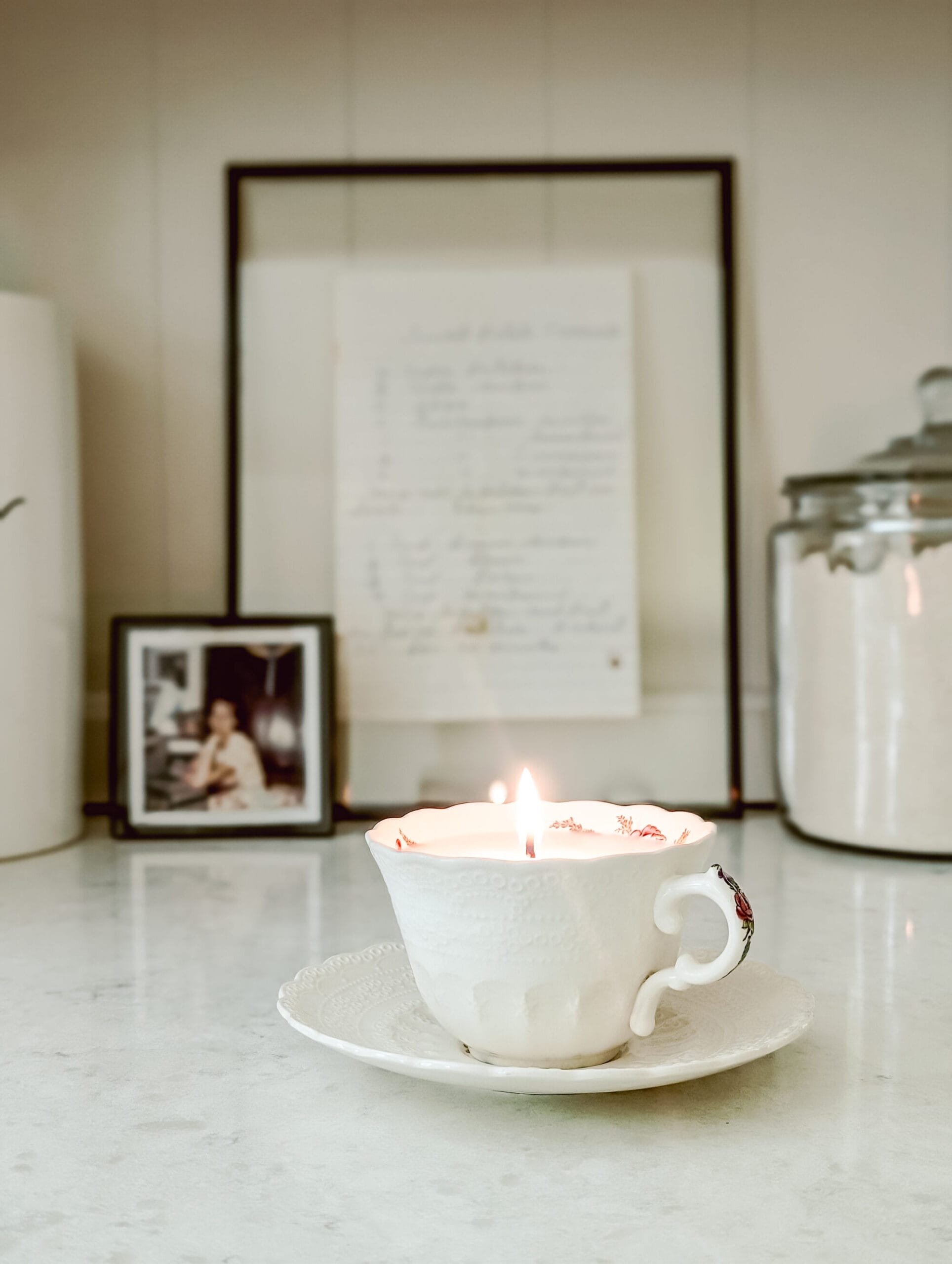 DIY vintage white and floral teacup candle