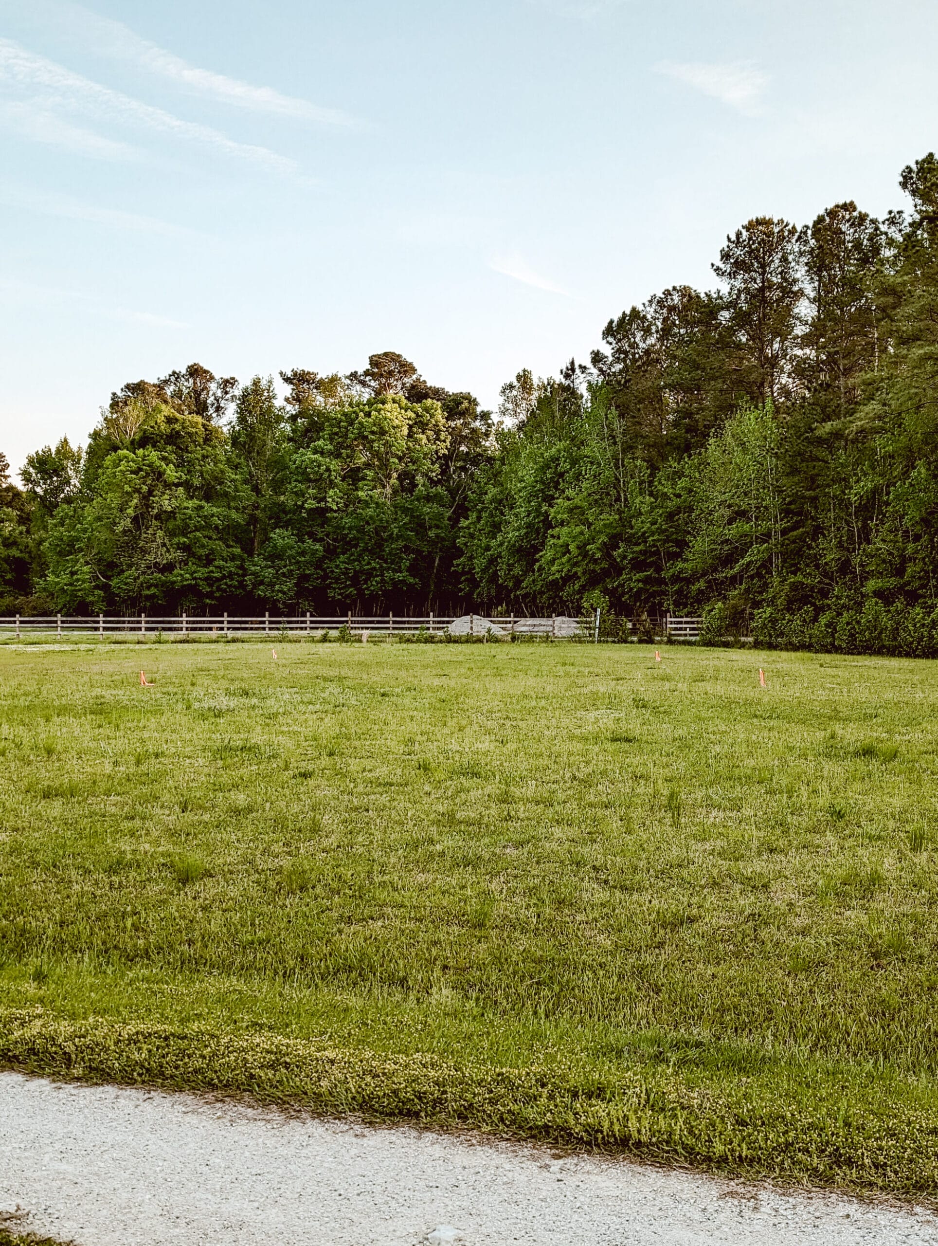 an open field marked with stakes before construction