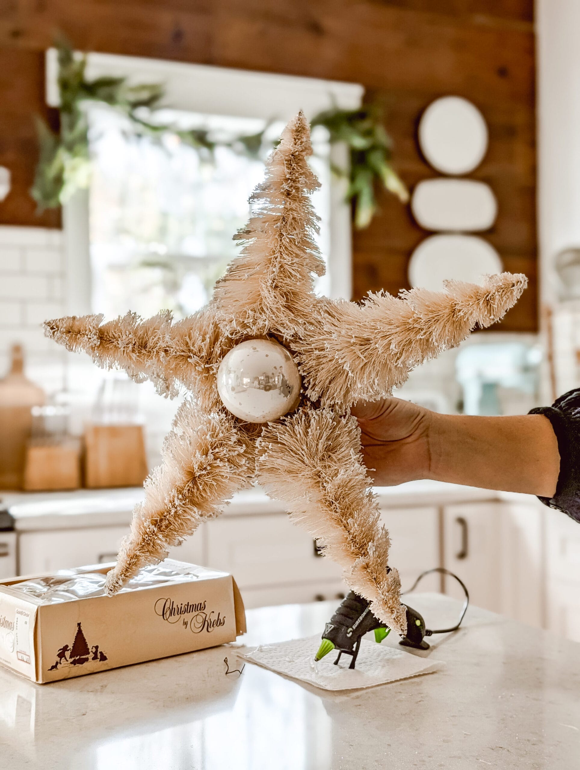 DIY Christmas tree star topper made with vintage bottle brush trees and a vintage ball ornament