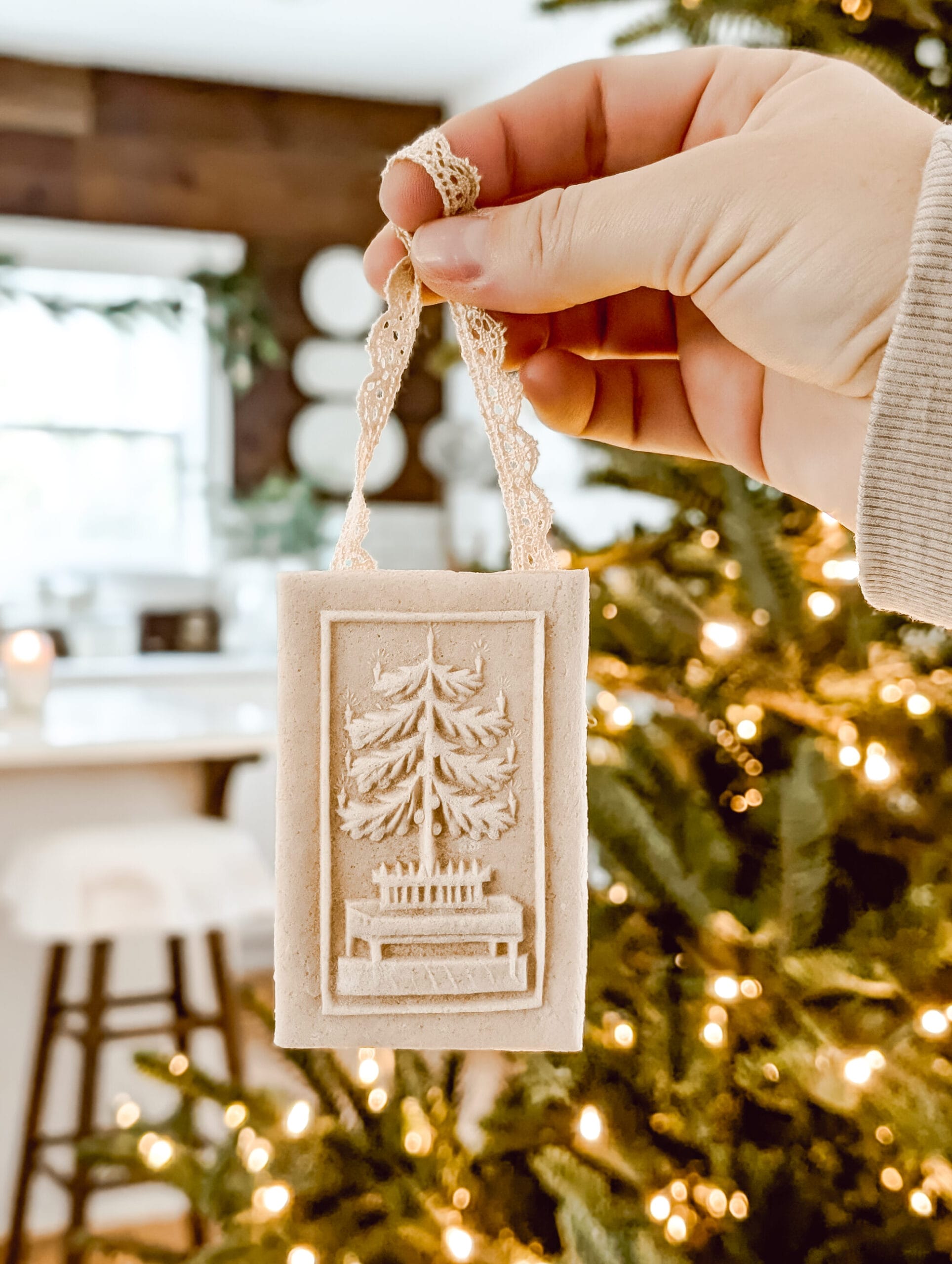 fancy salt dough ornament with an antique Christmas tree design