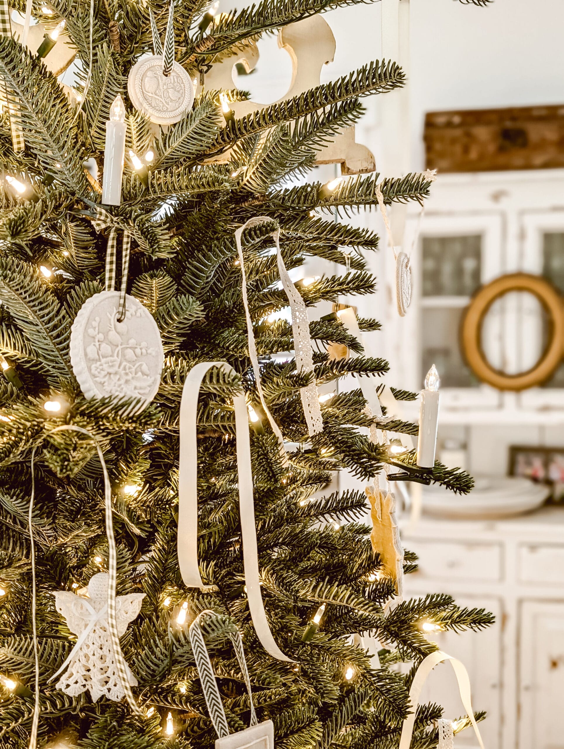 Our European fir tree from Balsam Hill styled with DIY salt dough ornaments, ribbon tinsel, tree candles