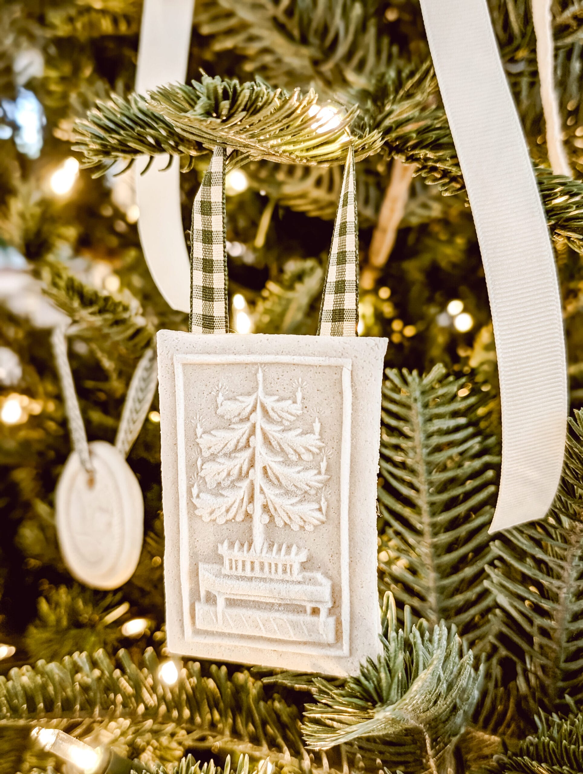 salt dough ornament with an antique Christmas tree design