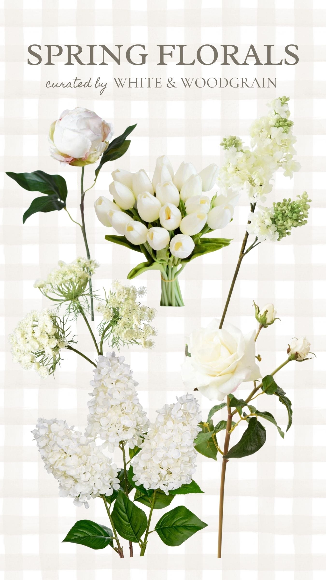 collage of faux floral stems for spring, including hydrangeas, tulips, Queen Anne's Lace, a rose, a peony, and lilac