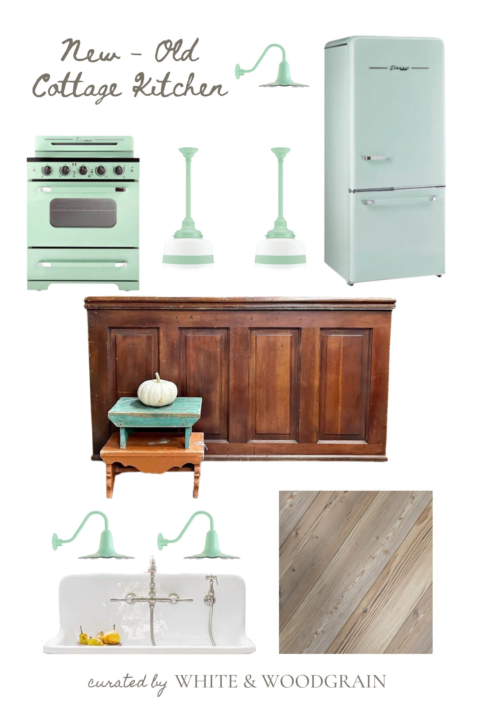 new old cottage kitchen mood board with vintage mint green appliances and Jadeite color lights from Barn Light Electric