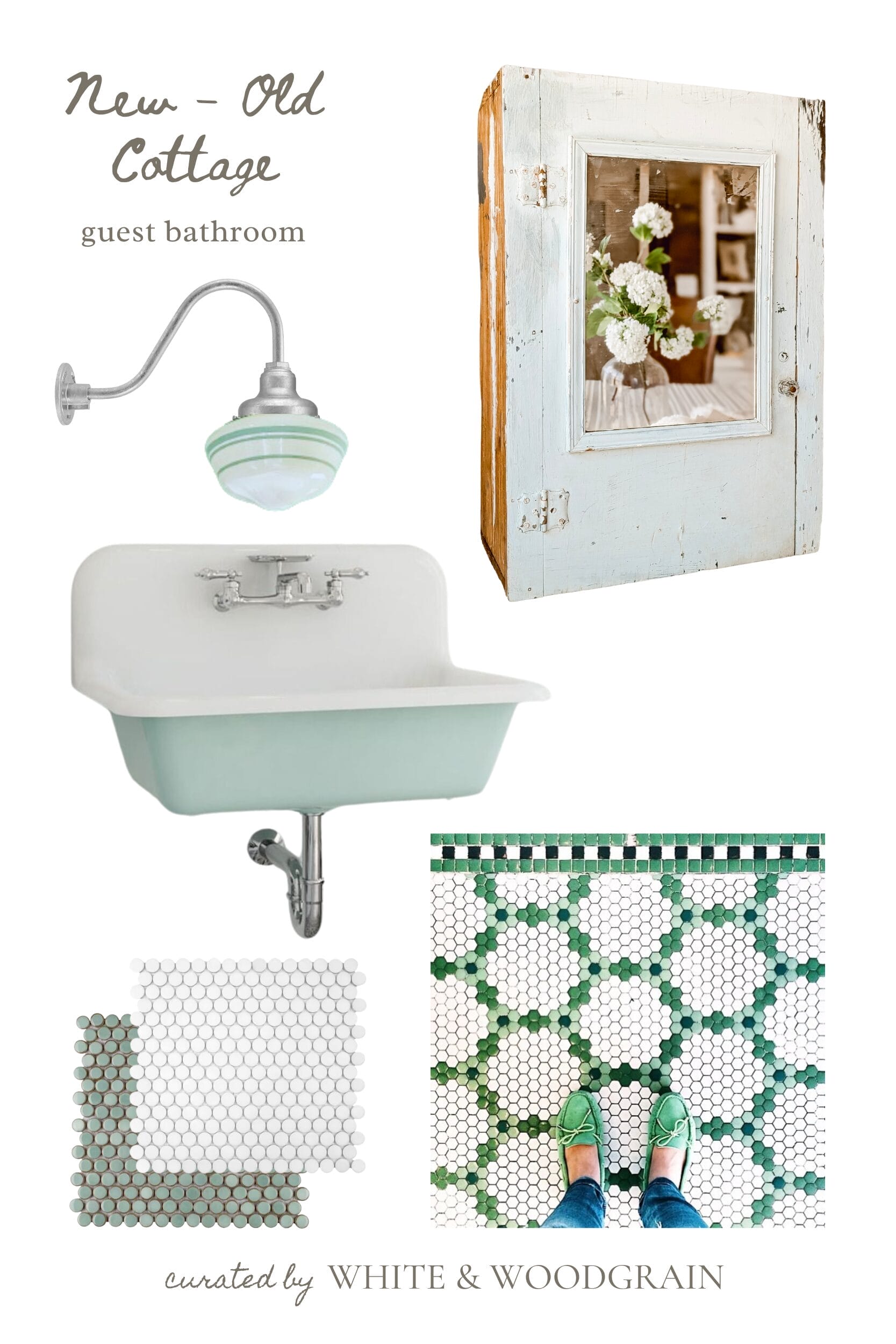 new old cottage guest bathroom mood board with pops of mint green and vintage inspired finds