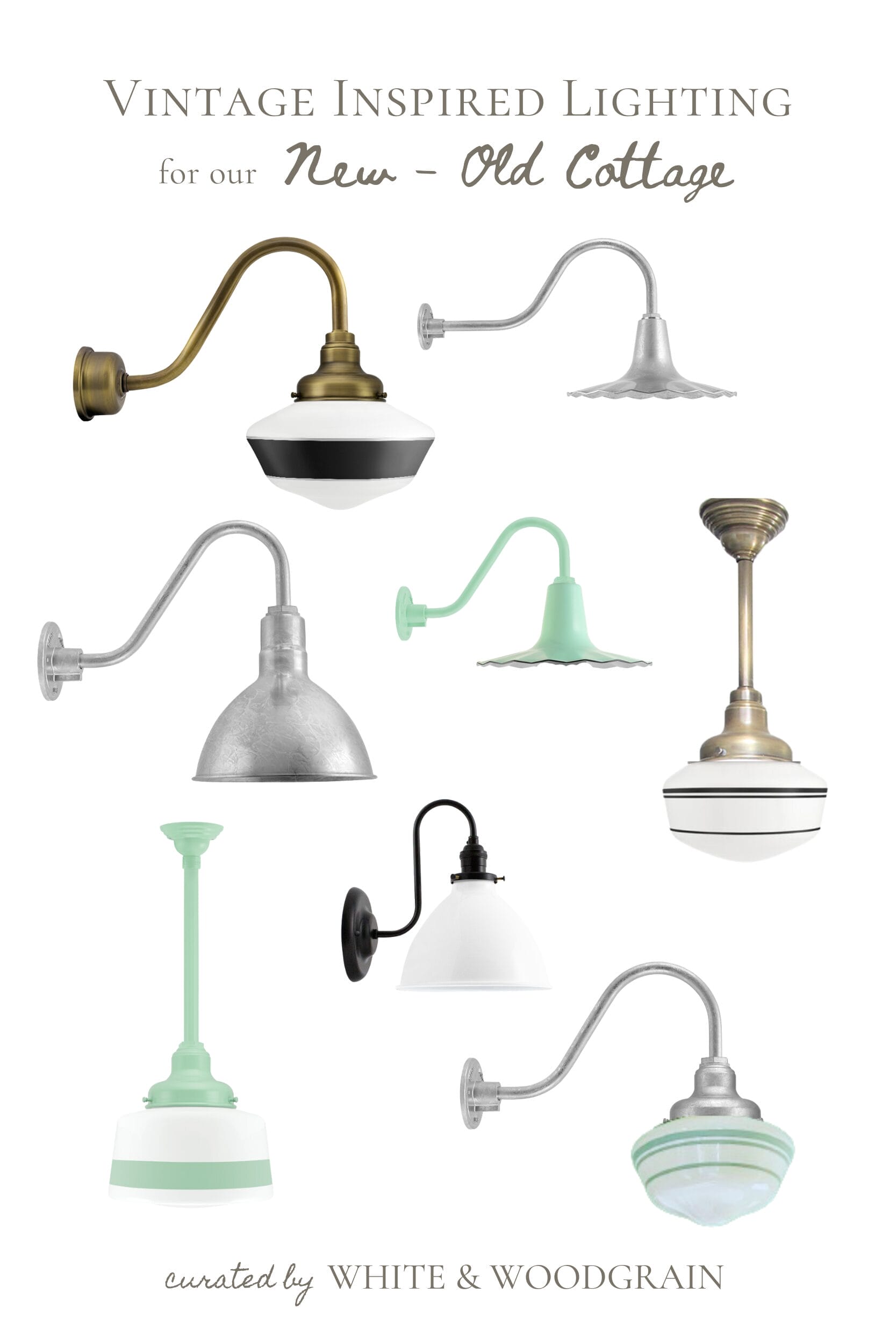 collage of vintage-inspired lighting, from school house pendants to seaside sconces, all from Barn Light Electric Company