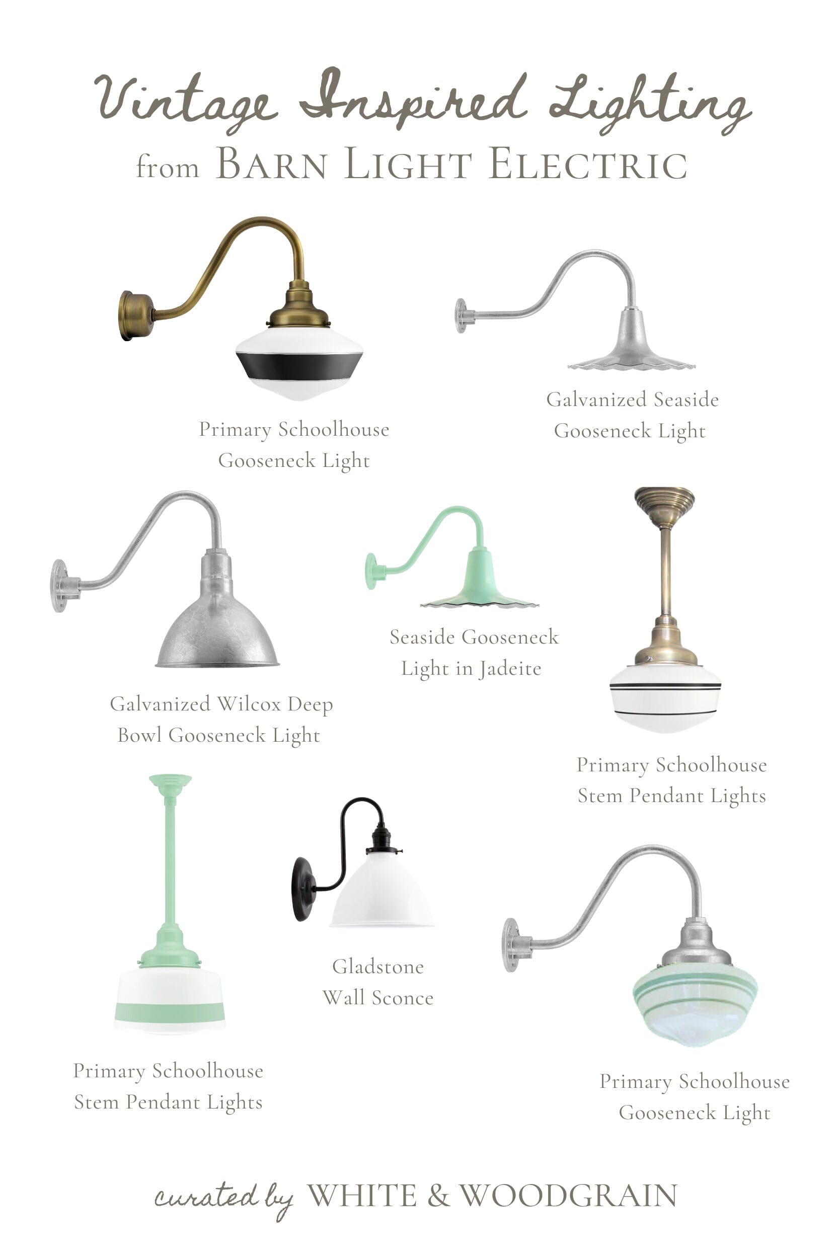 collage of vintage-inspired lighting, from school house pendants to seaside sconces, all from Barn Light Electric Company